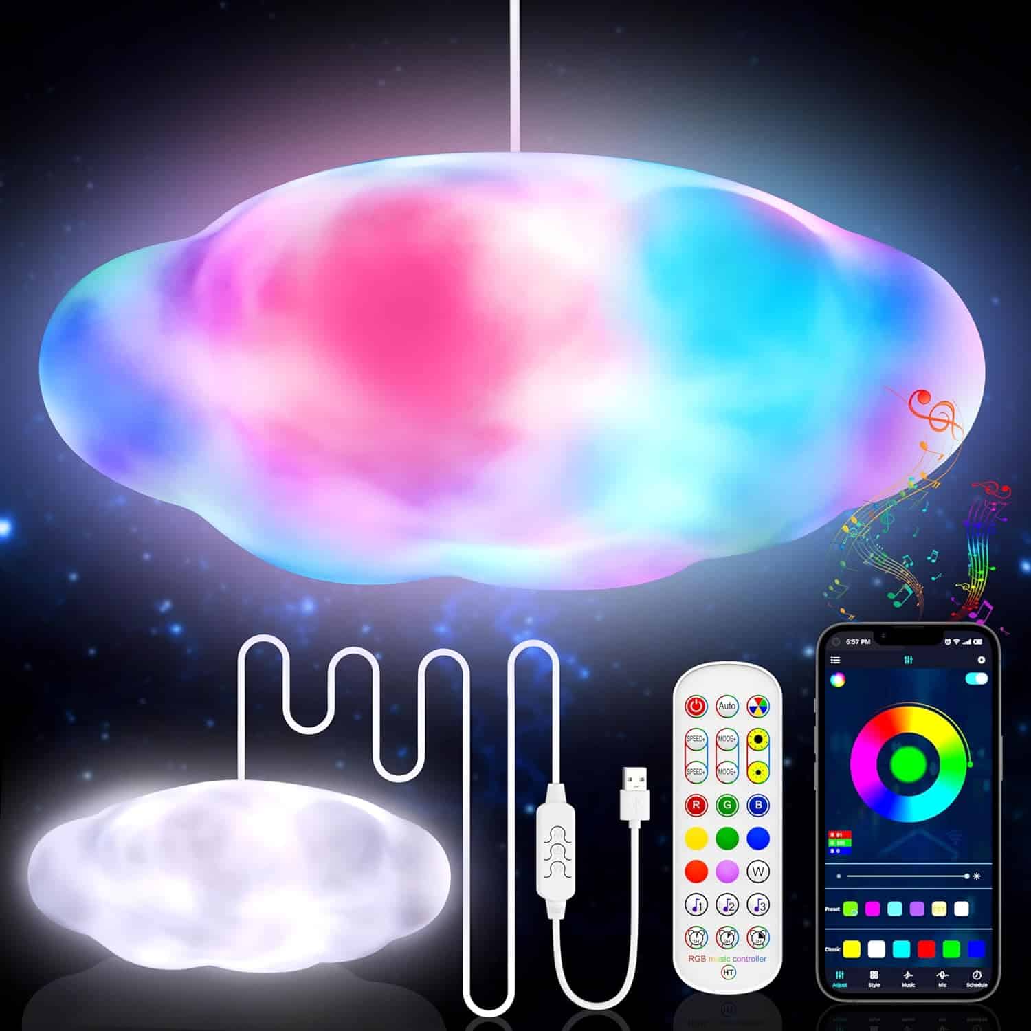 LED Cloud Lights for Ceiling, Multicolor Music Sync Cloud Lamp, 3D Lightning RGB Cloud LED Lights for Bedroom Gaming Room Wall Party Wedding Indoor Outdoor Decor, APPRemote Control