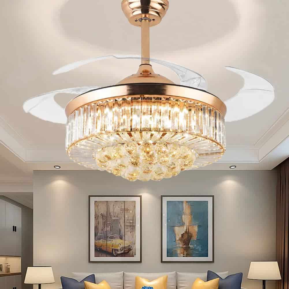 MORE CHANGE 42 Crystal Ceiling Fan with LED Lights, Gold Chandelier Ceiling fan with Retractable Blades and Remote, Fandelier Ceiling Fan for Living Room,Bedroom