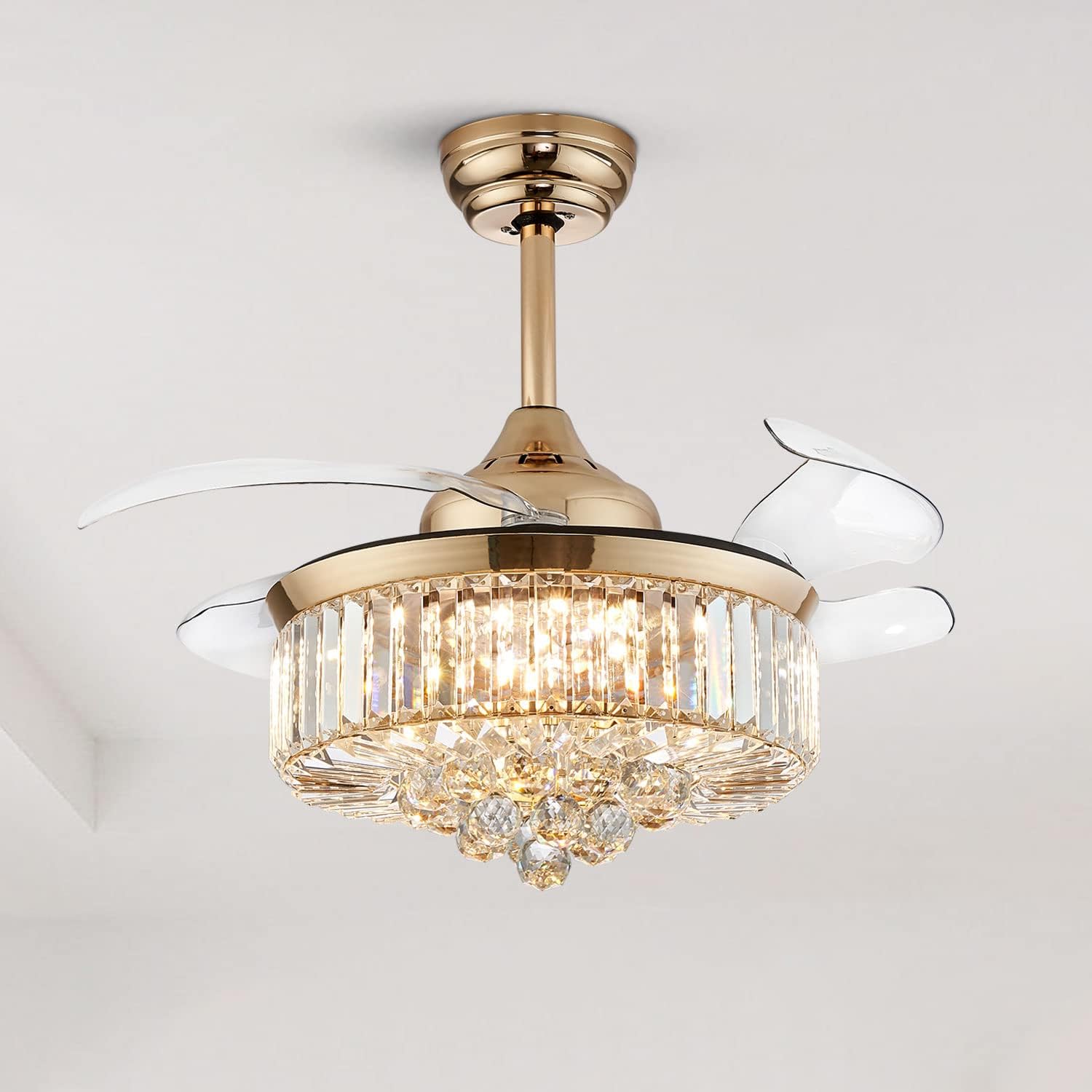 Siljoy 36 Inch Fandelier, Chandelier Fan with Light Remote Control, Crystal Ceiling Fan Gold Fandelier Ceiling Fans LED Dimmable for Bedroom Living Room