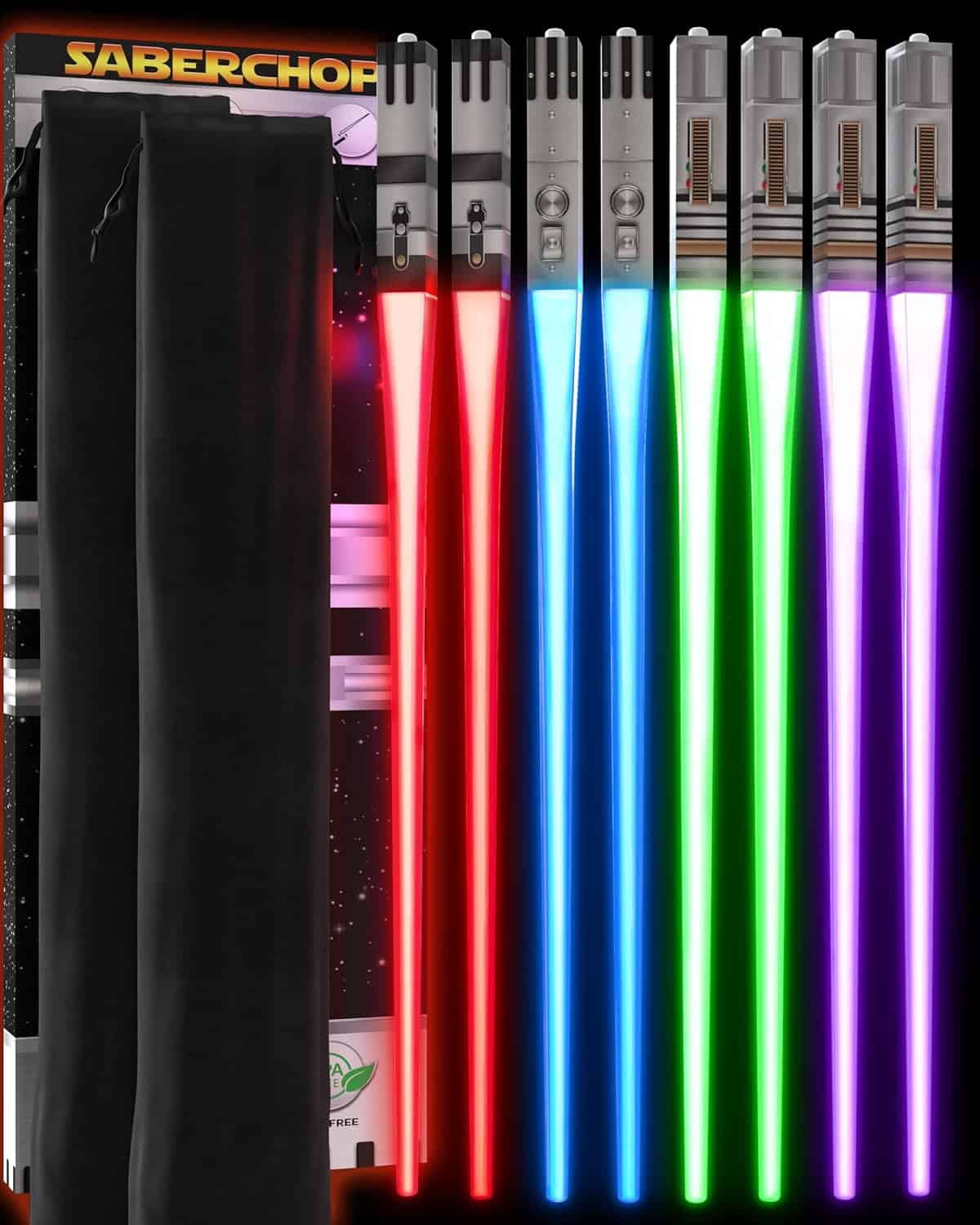 LIGHTSABER CHOPSTICKS LIGHT UP STAR WARS CHOPSTICK LED Glowing Light Saber Chop Sticks REUSABLE Sushi Sabers Cool Fun Geeky STARWARS Chop Stick Set Darth Red Green Blue Purple | 4 Pairs CASE GIFT BOX