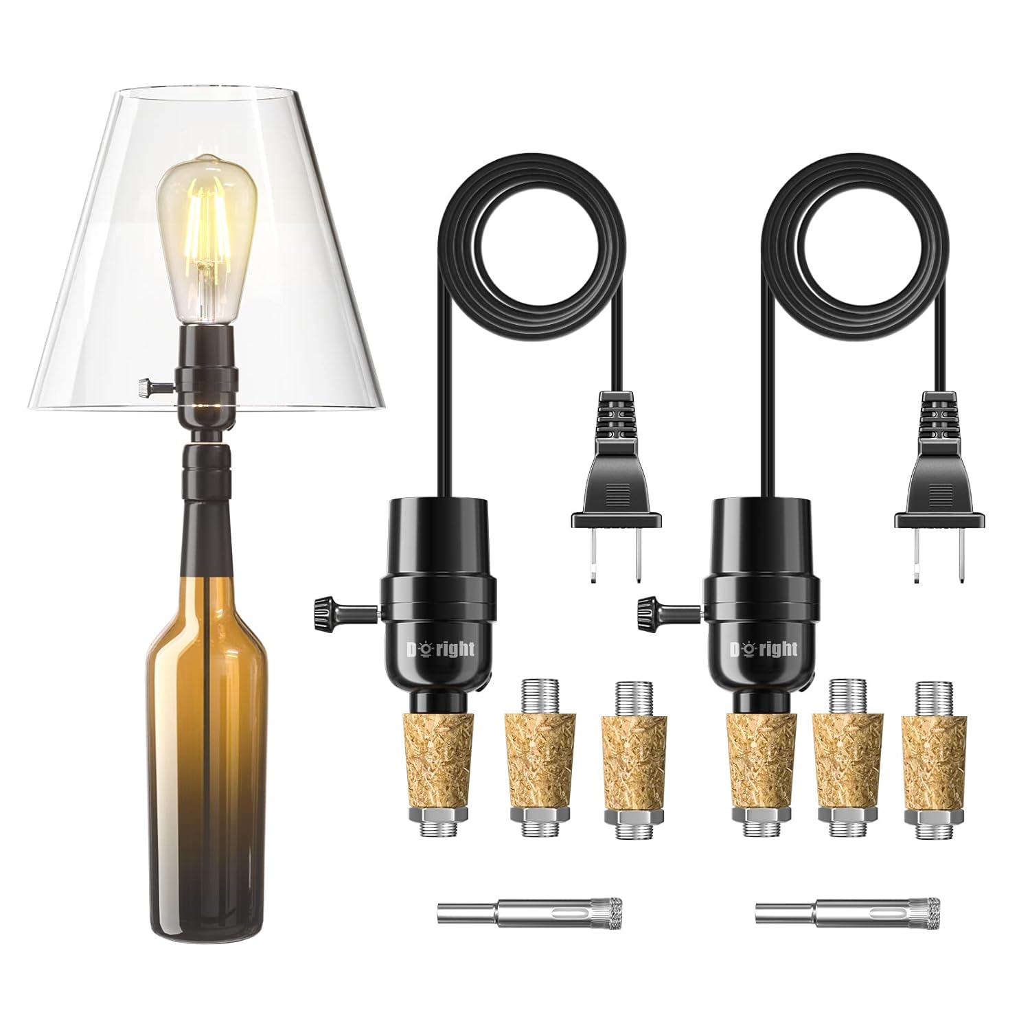 Bottle Lamp Kit DIY Lamp Kit with Lamp Parts Including 8 Ft Cord, Lamp Socket, 3 Size Stopper 9 mm Glass Drill Bit for Wine Bottle Glass Liquor Bottles Easily Convert Any Bottle to a Lamp, 2 Set