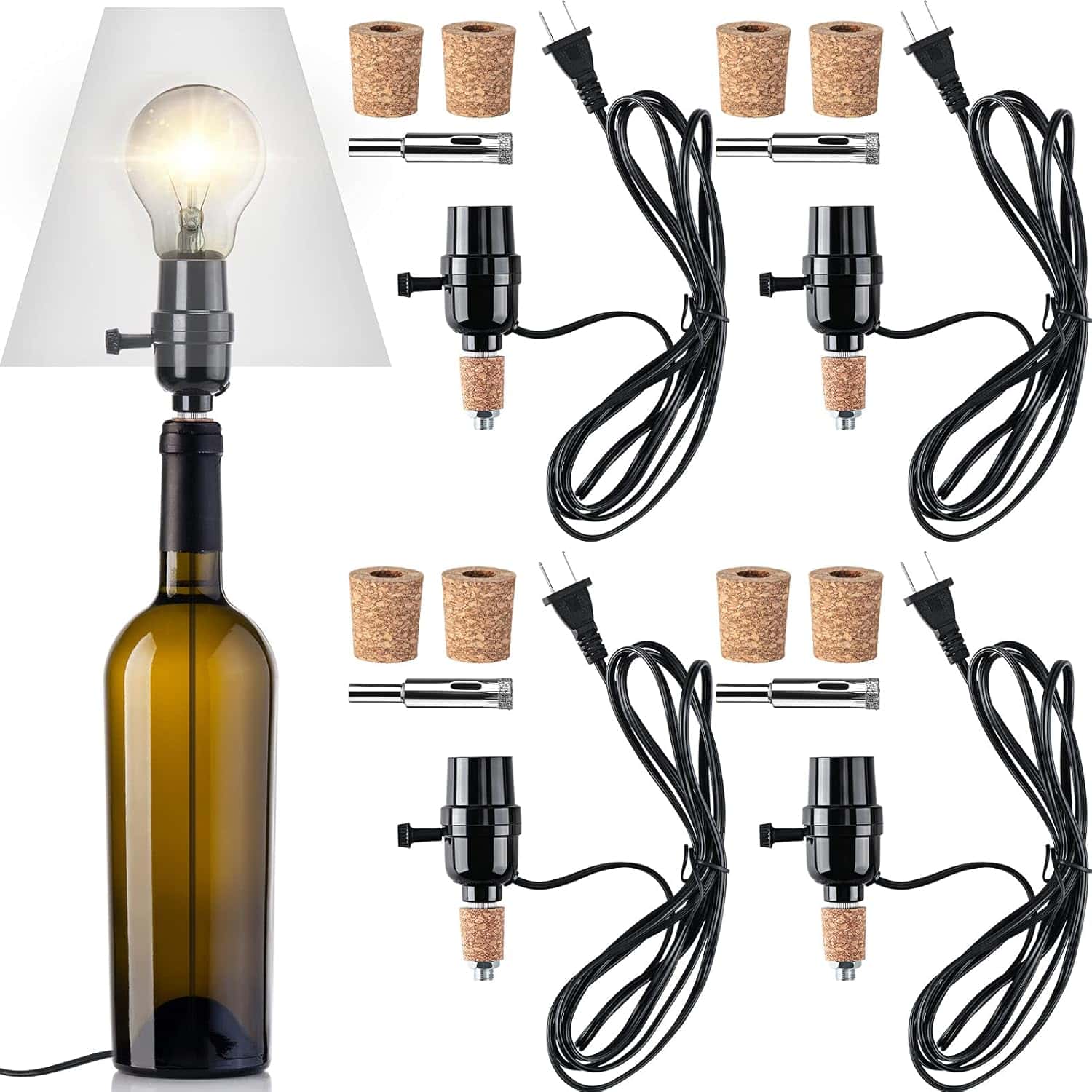 Fabbay 4 Sets Lamp Kit for Bottle includes Stopper in 3 Sizes, 9 mm Glass Drill Bit, Slip on Socket, 8 Feet Power Cord for DIY Wine Bourbon Beer Glass Bottle Lamp No Drilling Required