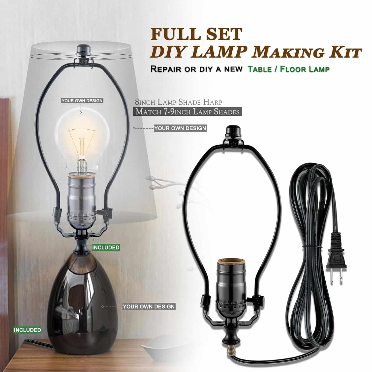 Lamp Making Kit,Make a Lamp or Repair Kit,3-Way Lamp Socket with Matching Cord Lamp Harp Set,Lamp Wiring Kit for Table Floor Lamp,Essential Hardware for DIY Lamp Design or Repair (Black, 1)