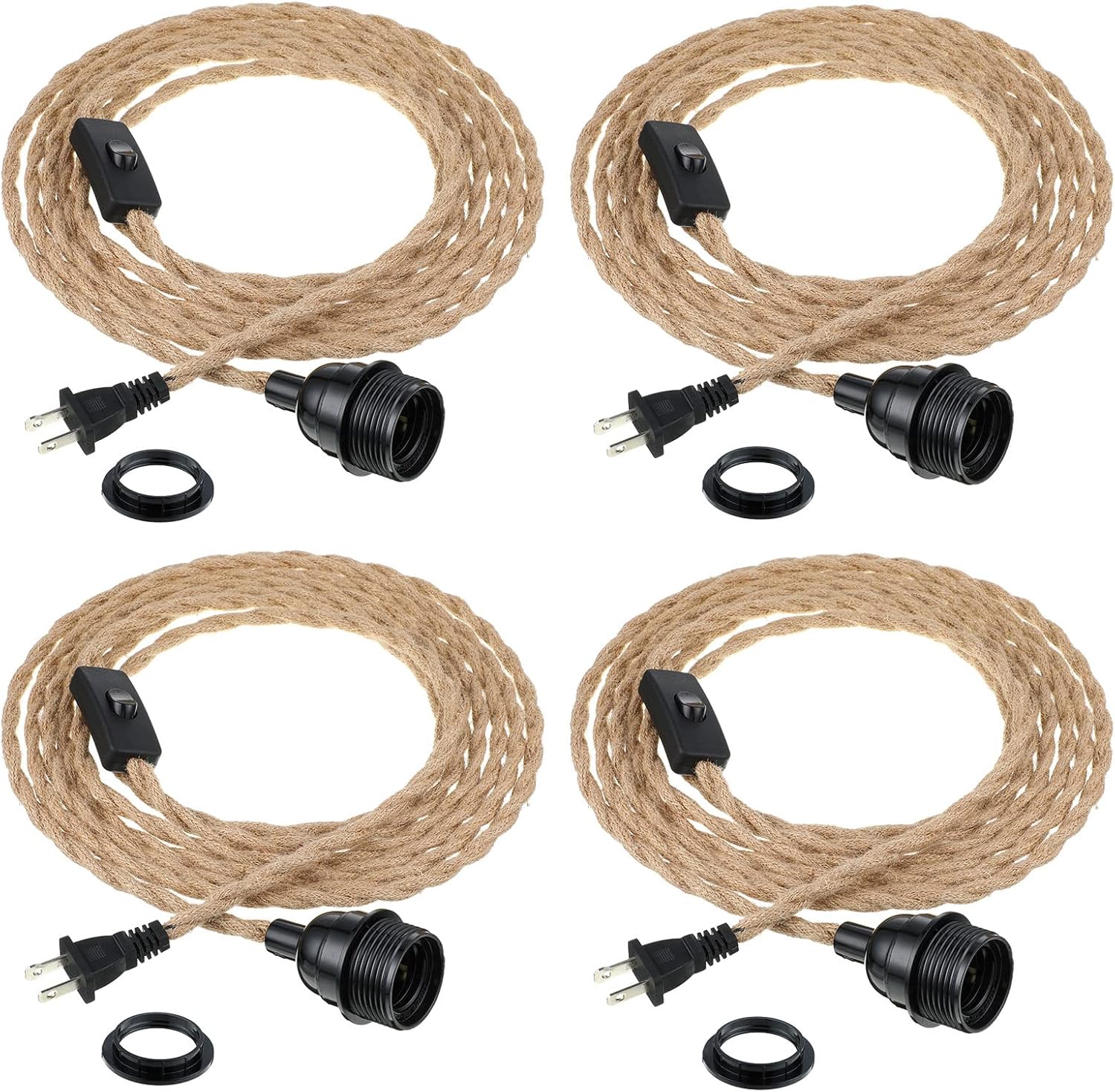 Tuanse 4 Pack Pendant Light Cord, 15ft Plug in Kit with Switch, Industrial Vintage E26 E27 Socket Set for Edison Bulbs, Farmhouse Decor, Retro Lamp Cable DIY