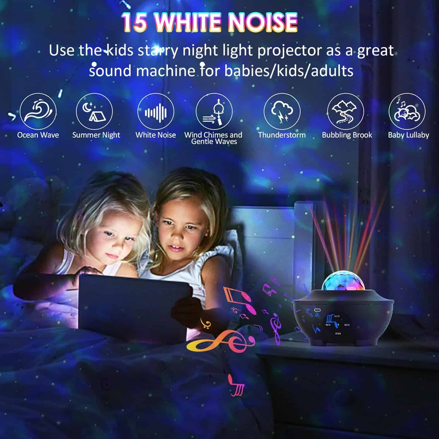 Sunbox Star Projector,3 in 1 Galaxy Projector Night Light with Remote Control,15 White Noise,Music SpeakerTimer,Starry Light Projector for Bedroom/Party/Home Decor,Starry Projector for Kids  Adults