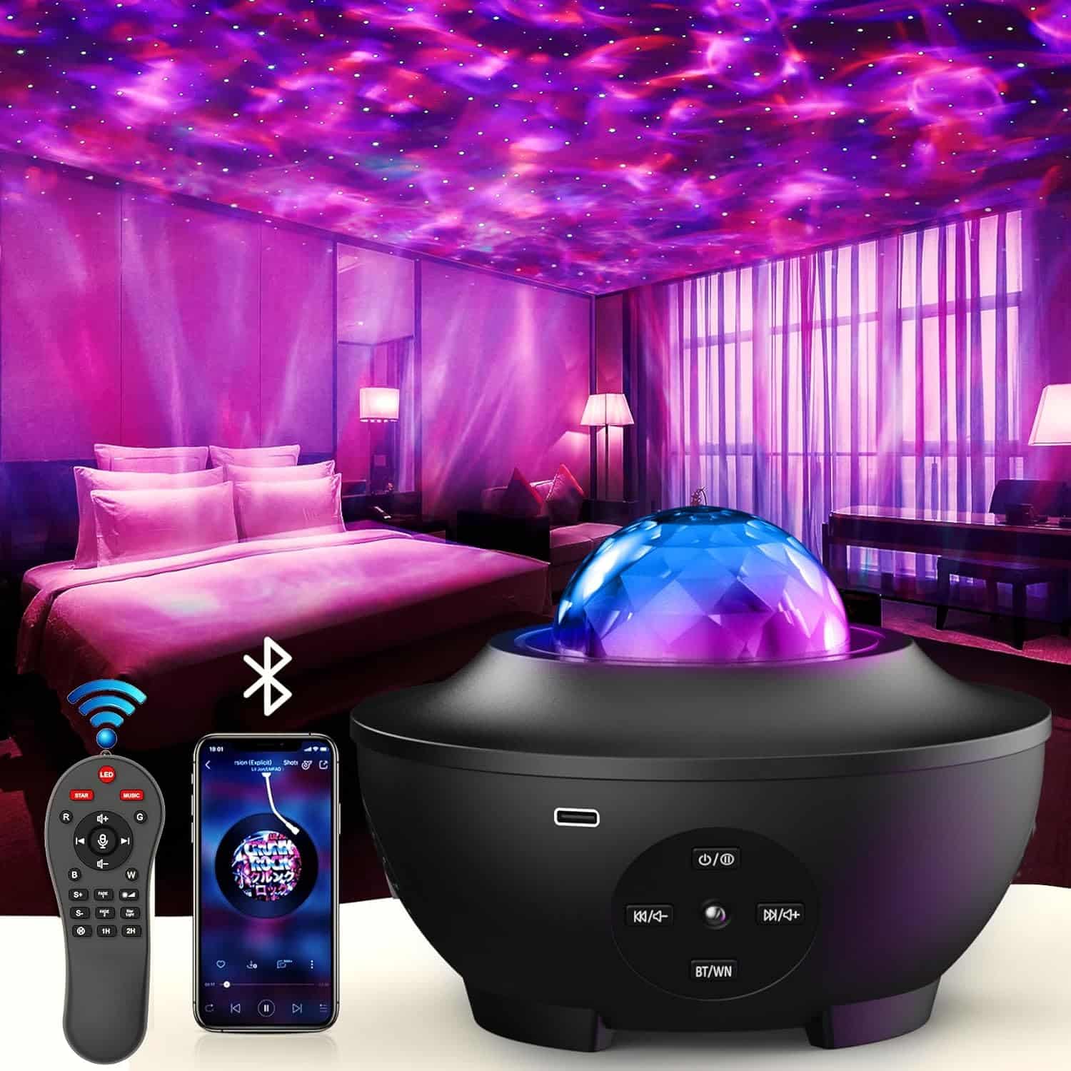 Sunbox Star Projector,3 in 1 Galaxy Projector Night Light with Remote Control,15 White Noise,Music SpeakerTimer,Starry Light Projector for Bedroom/Party/Home Decor,Starry Projector for Kids  Adults