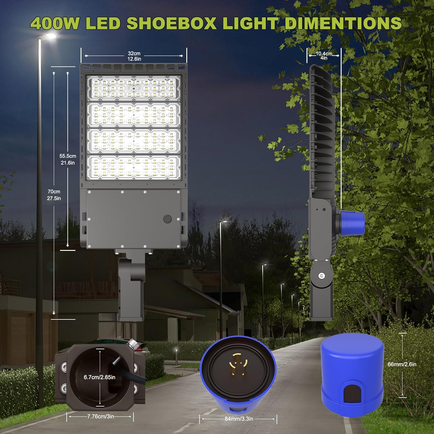 400W LED Area Light Shoebox Parking Lot Light with Photocell Dusk to Dawn 5700K 60000LM Commercial Street Lighting Pole Lights Fixture Super Bright IP65 Waterproof Outdoor Slip-Fitter Mount