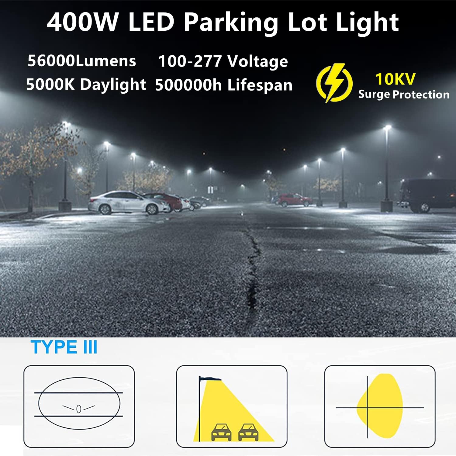 400W LED Parking Lot Light with Slip Fitter, 5000K Daylight 56000Lm, 1500W HPSHID Equivalent, Commercial Outdoor Security Flood Lighting