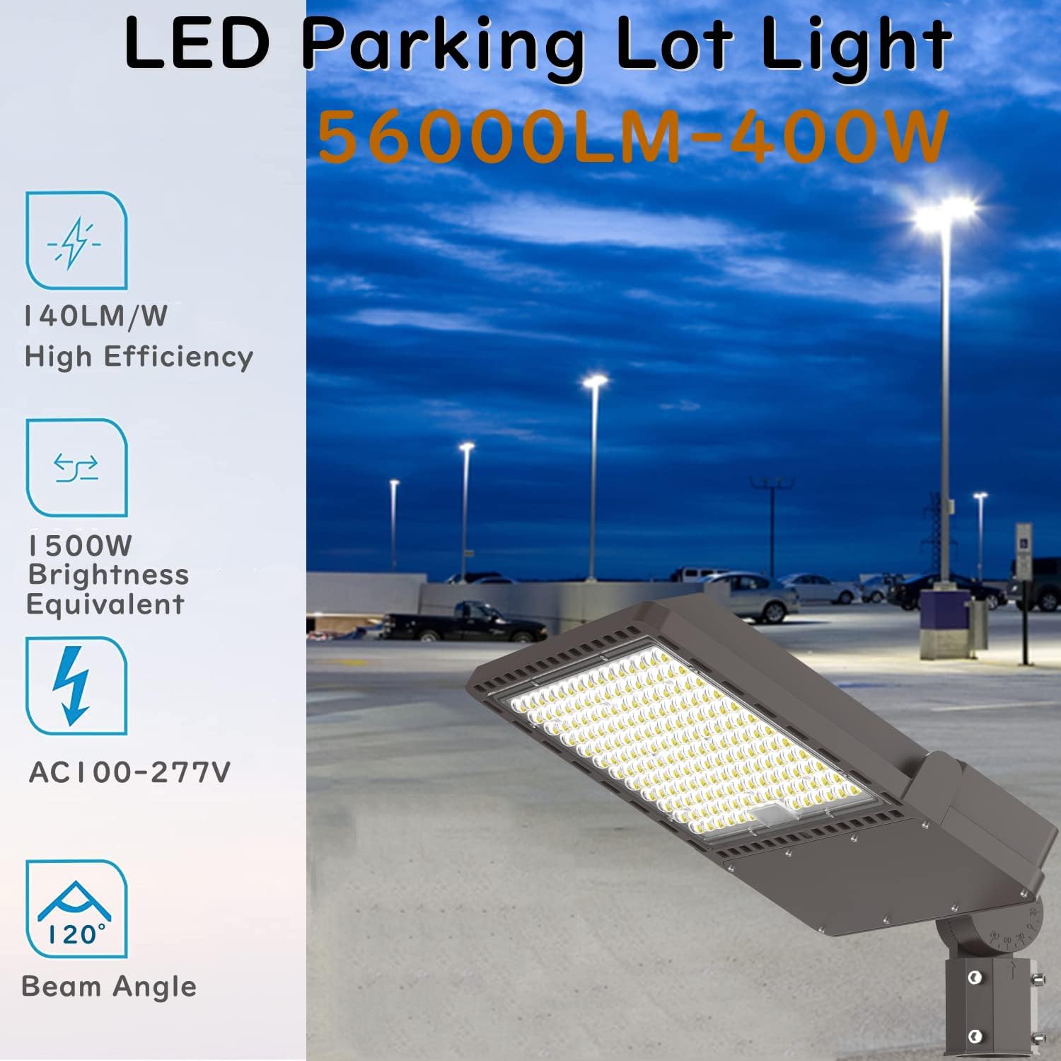 400W LED Parking Lot Light with Slip Fitter, 5000K Daylight 56000Lm, 1500W HPSHID Equivalent, Commercial Outdoor Security Flood Lighting