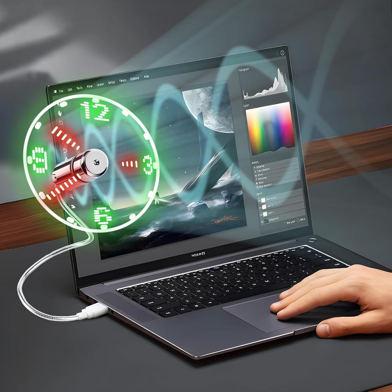 ONXE LED USB Clock Fan with Real Time Display Feature,Stocking Fillers for Men Christmas Gadgets,1 Year Guarantee