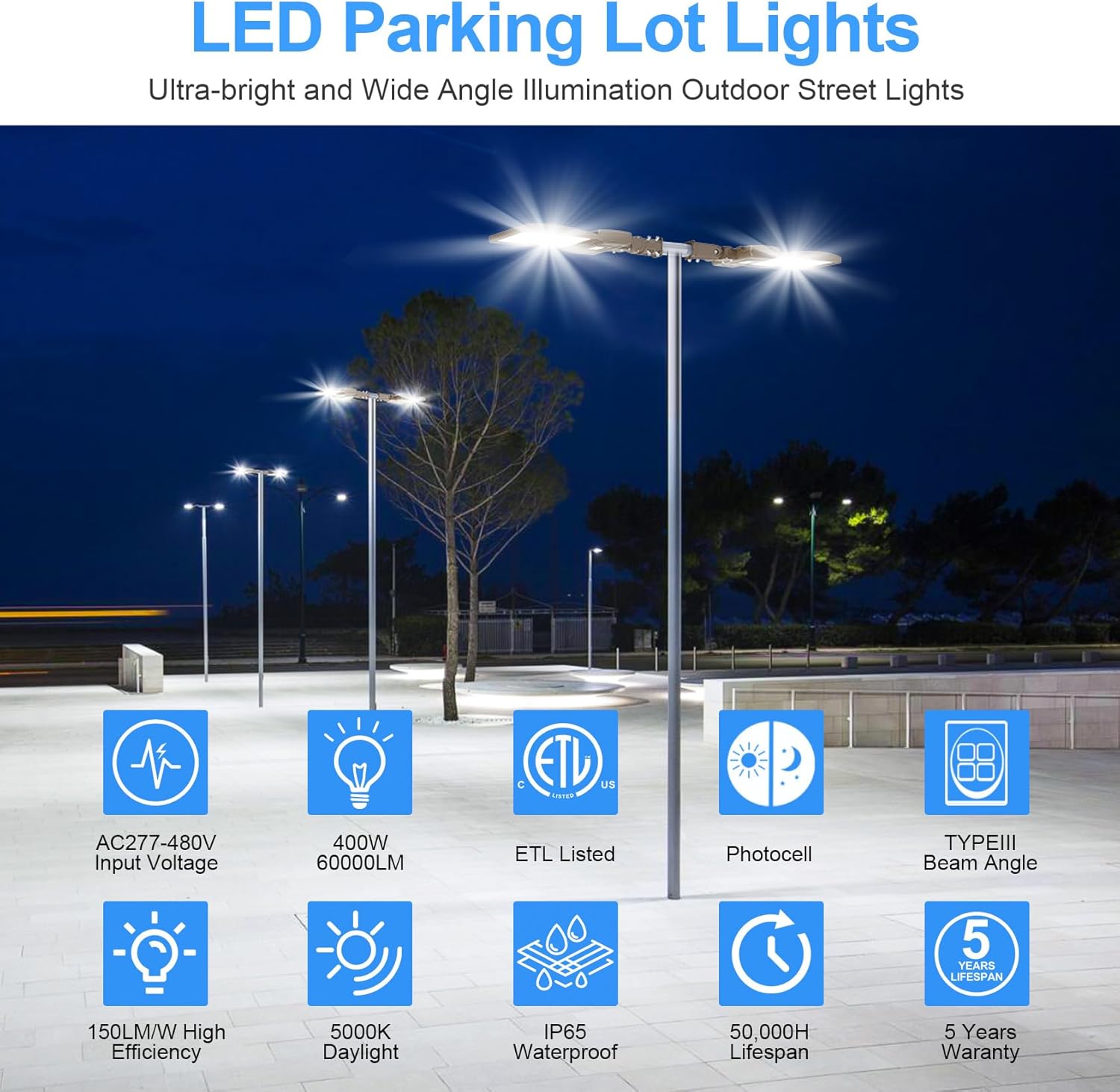 2 Pack 400W LED Parking Lot Light with Photocell 60000LM ETL Listed LED Shoebox Pole Lights 5000K IP65 Waterproof 277-480VAC Input Outdoor Commercial Area Lighting with Slip Fitter
