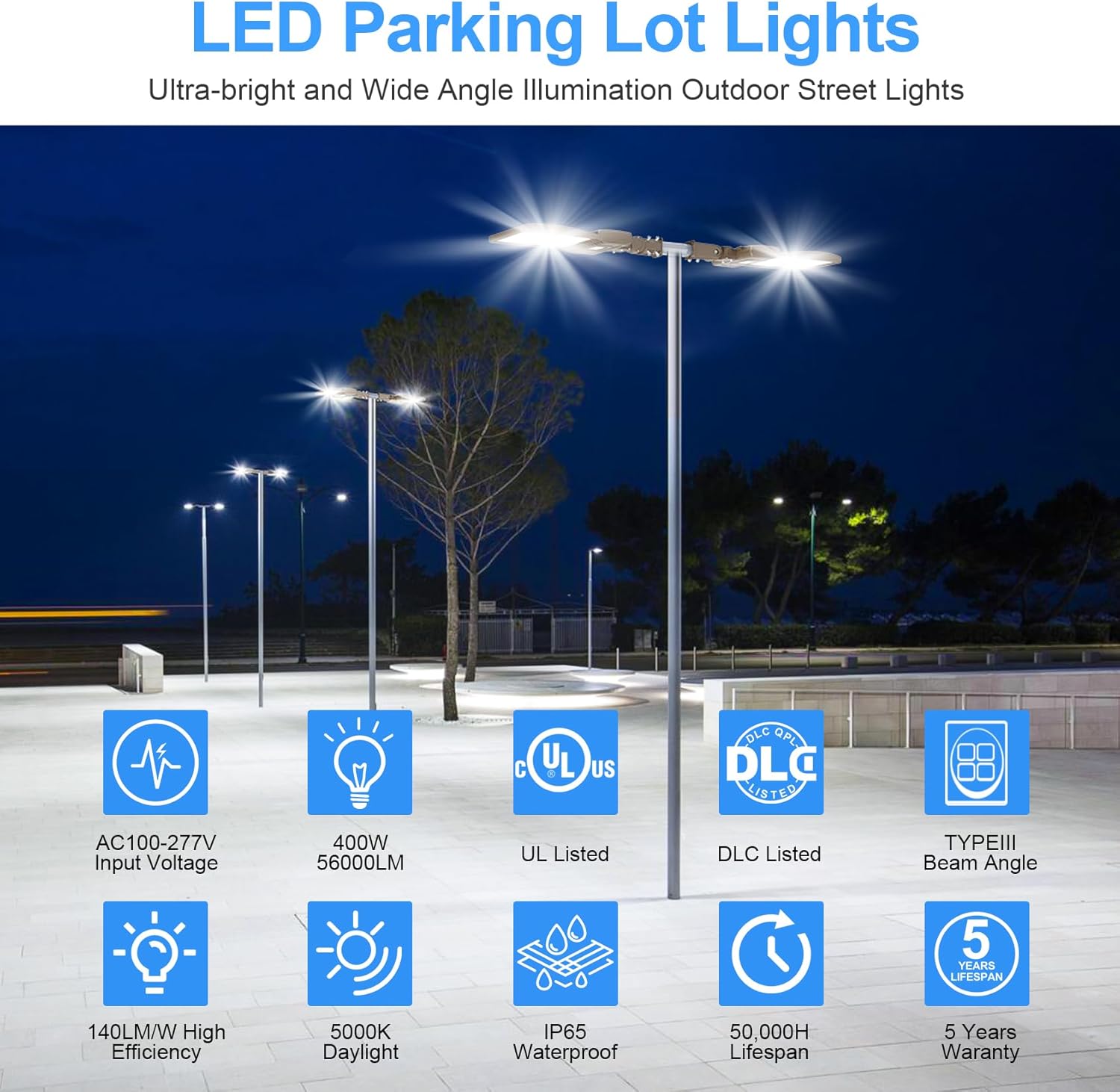 2 Pack 400W LED Parking Lot Lights 60000LM UL DLC Listed Flood Lights with Dusk to Dawn Photocell IP65 Waterproof 5000K Industrial Grade Outdoor Street Pole Light Slip Fitter, 110V 120V