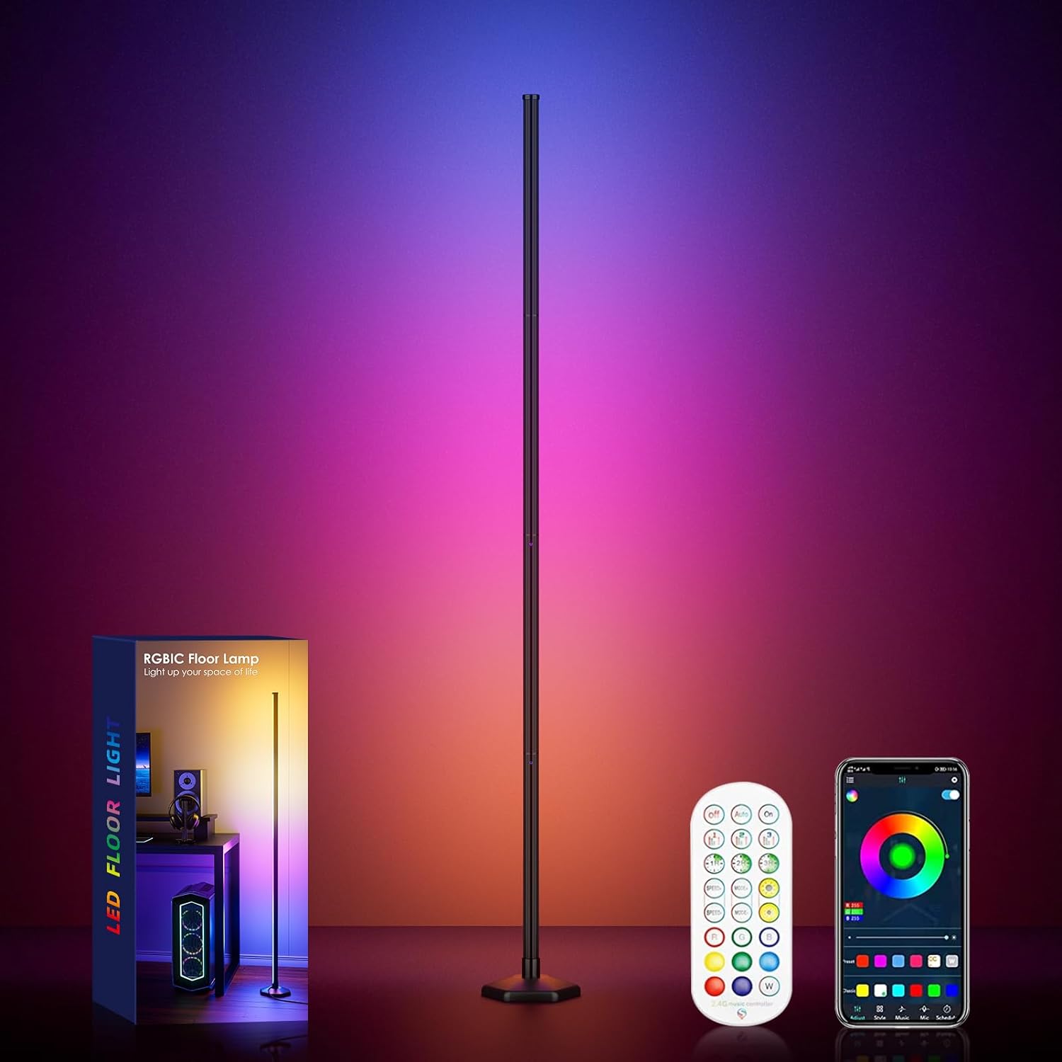 2PCS Corner Floor Lamp, 65 RGB Color Changing Mood Light with Remote Control, Dimmable LED Corner Lamp with Music Sync, Modern Floor Lamp for Living Room Gaming Room