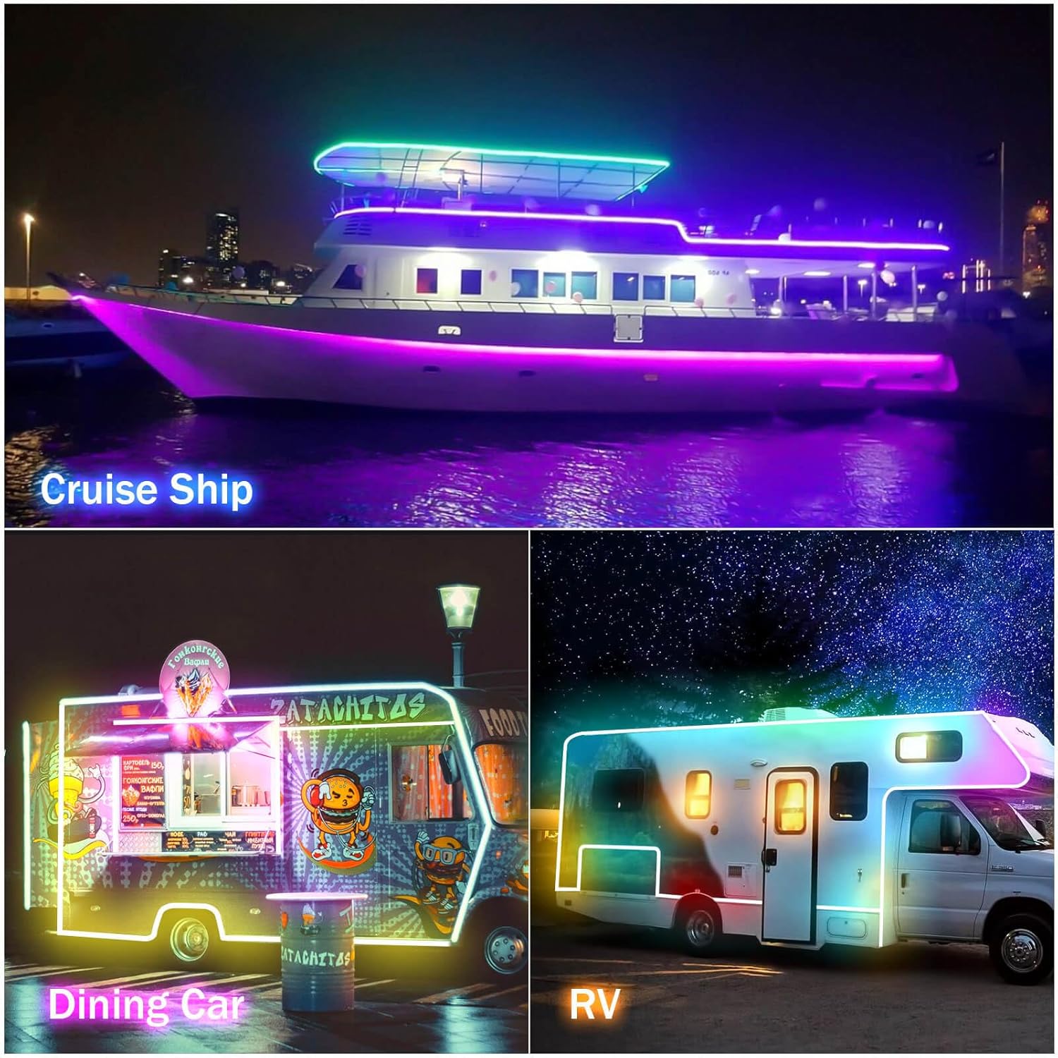 35ft LED Boat Lights Strip, IP68 Waterproof 12V Marine LED Strip with Remote App Control - Color Changing, Music Sync, Smart Timer - Includes Cigarette Lighter Plug DC Wire