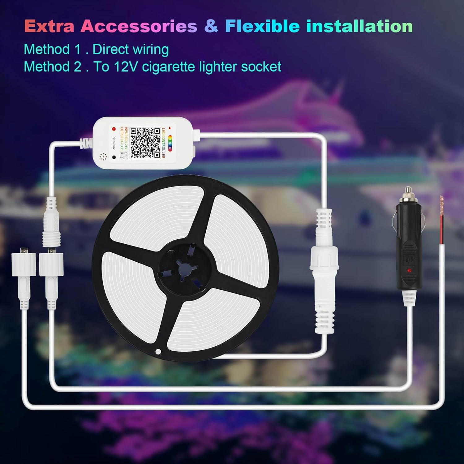 35ft LED Boat Lights Strip, IP68 Waterproof 12V Marine LED Strip with Remote App Control - Color Changing, Music Sync, Smart Timer - Includes Cigarette Lighter Plug DC Wire