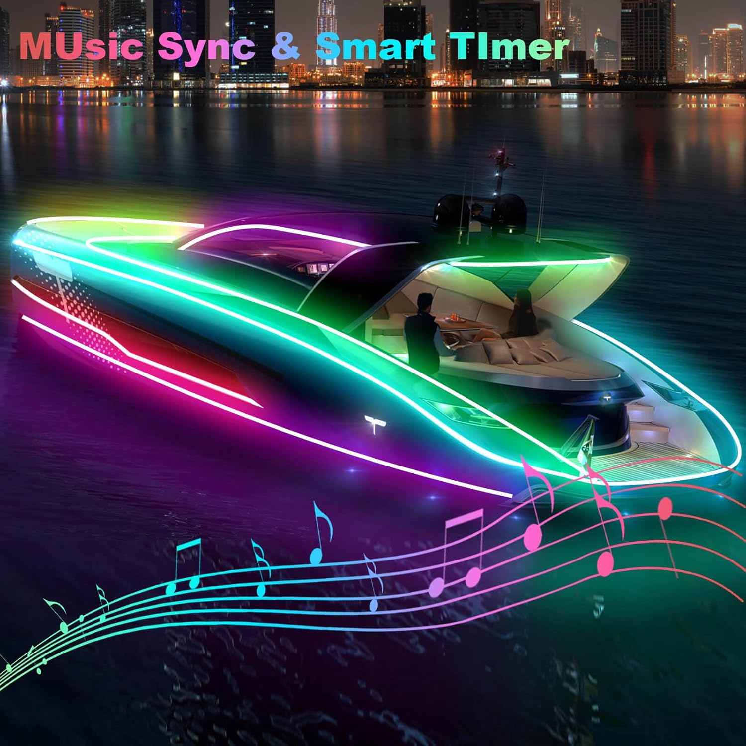 35ft LED Boat Lights Strip, IP68 Waterproof 12V Marine LED Strip with Remote App Control - Color Changing, Music Sync, Smart Timer - Includes Cigarette Lighter Plug DC Wire