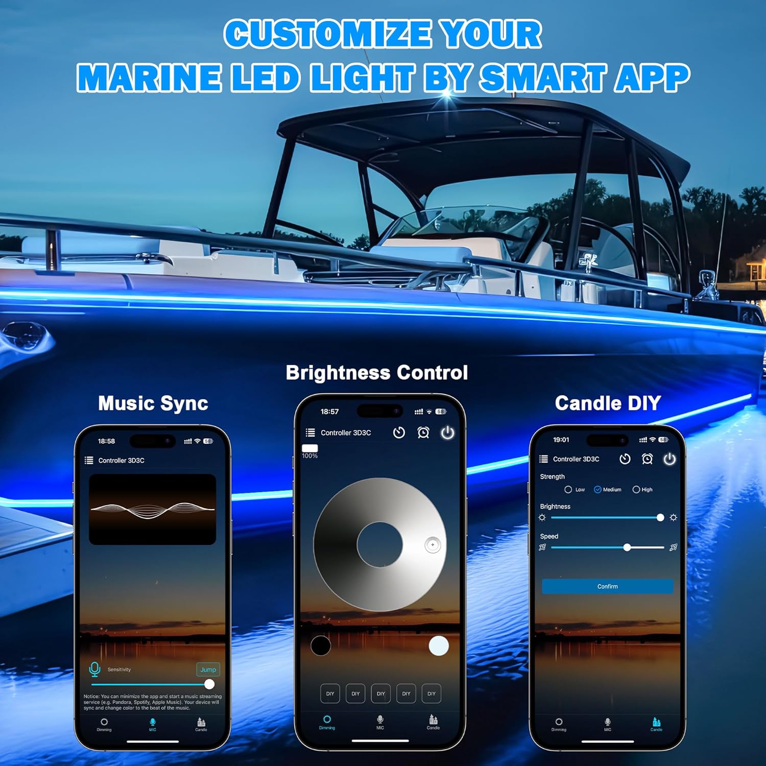 50FT Waterproof Marine LED Strip Lights with Remote, Pontoon Boat Lights App Control, 12V Interior LED Blue Strip Lights for Boat, Night Fishing Lighting for Kayaks, Jon Boats, Decks and Bass boat