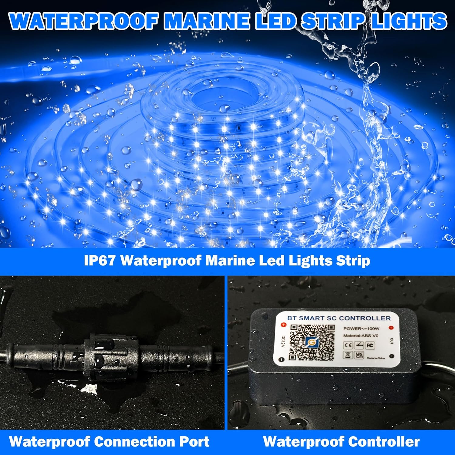 50FT Waterproof Marine LED Strip Lights with Remote, Pontoon Boat Lights App Control, 12V Interior LED Blue Strip Lights for Boat, Night Fishing Lighting for Kayaks, Jon Boats, Decks and Bass boat