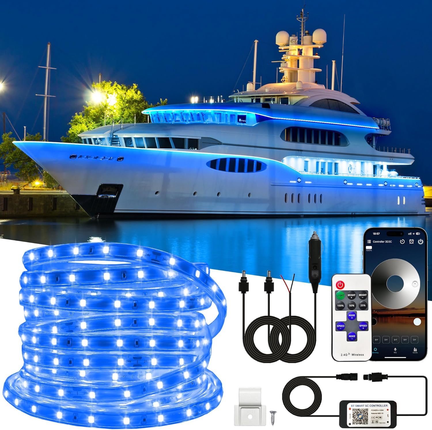 50FT Waterproof Marine LED Strip Lights with Remote, Pontoon Boat Lights App Control, 12V Interior LED Blue Strip Lights for Boat, Night Fishing Lighting for Kayaks, Jon Boats, Decks and Bass boat