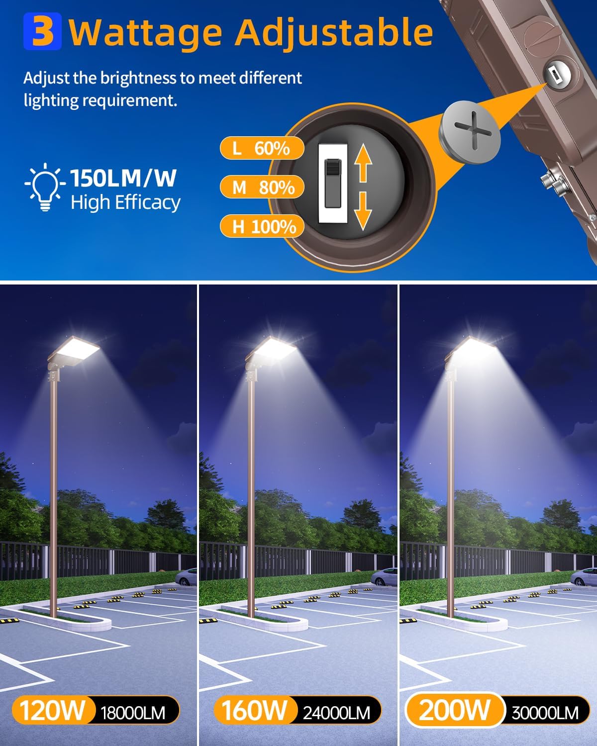 ADUB LED Parking Lot Light 320W 250W 200W Wattage Adjustable, ULDLC Listed Dusk to Dawn LED Shoebox Light 5000K, Outdoor Pole Fixture Slip Fit, IP65 Commercial Street Area Flood Lighting, AC100-277V