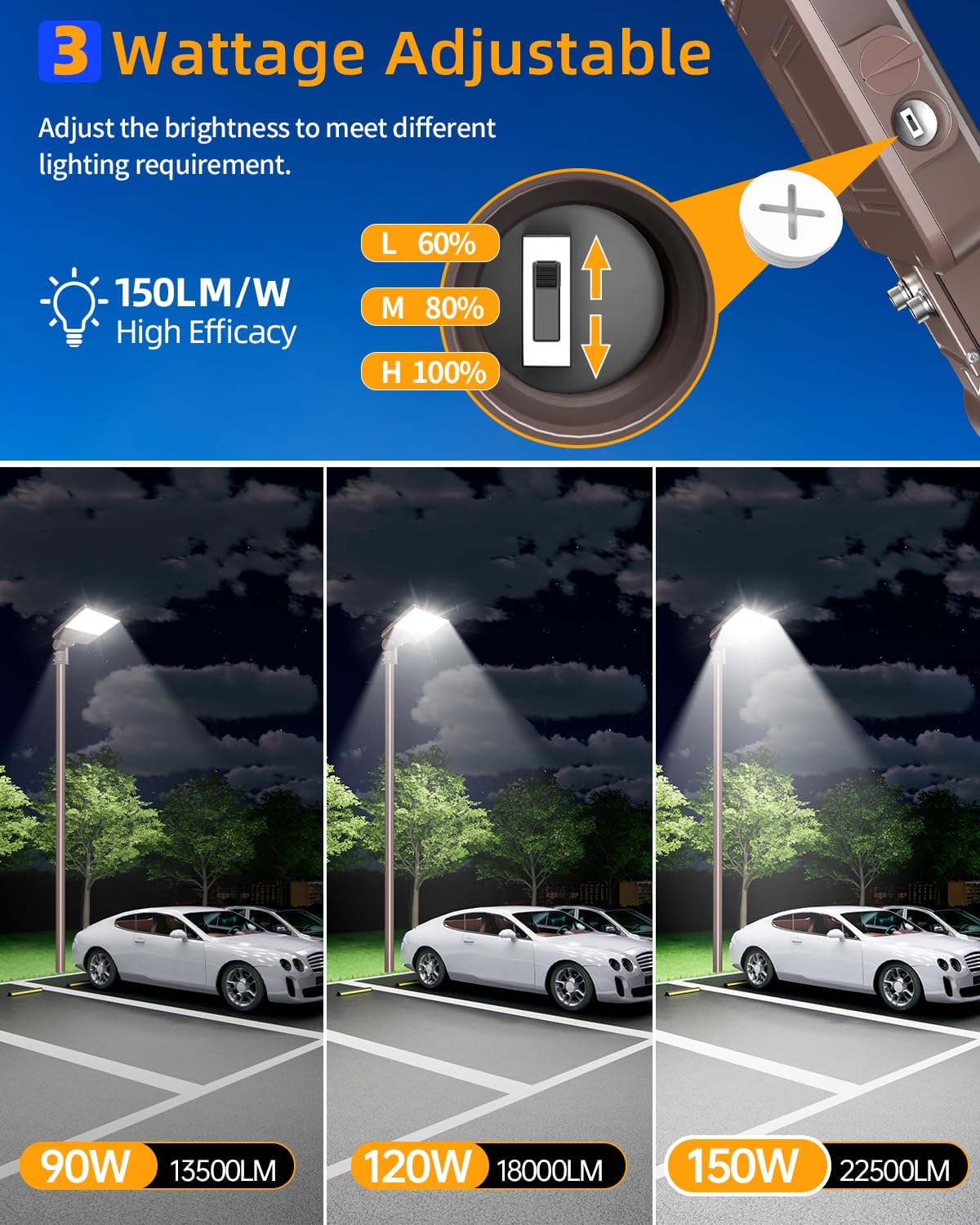 ADUB LED Parking Lot Light 320W 250W 200W Wattage Adjustable, ULDLC Listed Dusk to Dawn LED Shoebox Light 5000K, Outdoor Pole Fixture Slip Fit, IP65 Commercial Street Area Flood Lighting, AC100-277V