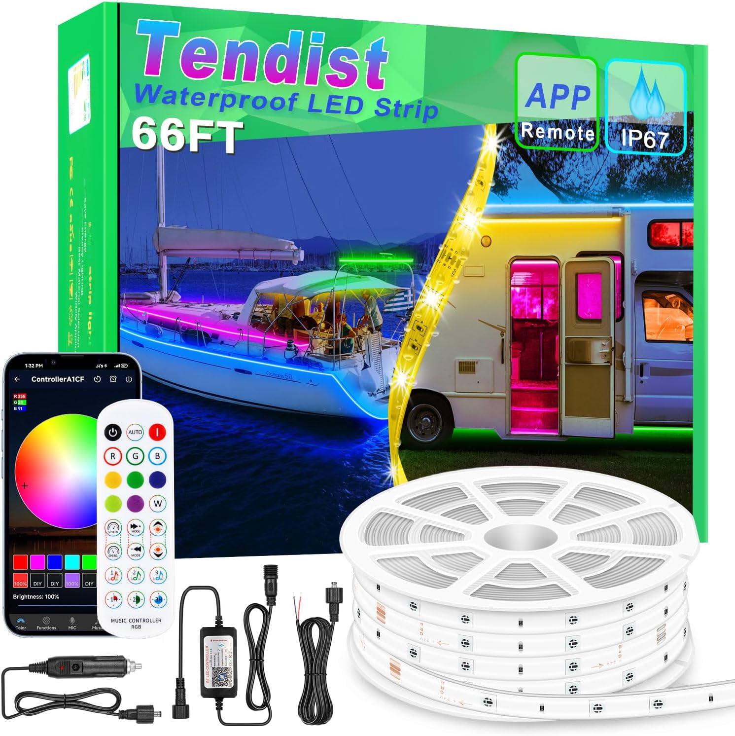 Boat LED Strip Lights 66ft, Marine LED Light Strip 12V App Control, RGB Waterproof Pontoon Boat Light Interior and Exterior, Night Fishing Lighting for Jon Boat, Yacht, Kayak, Deck