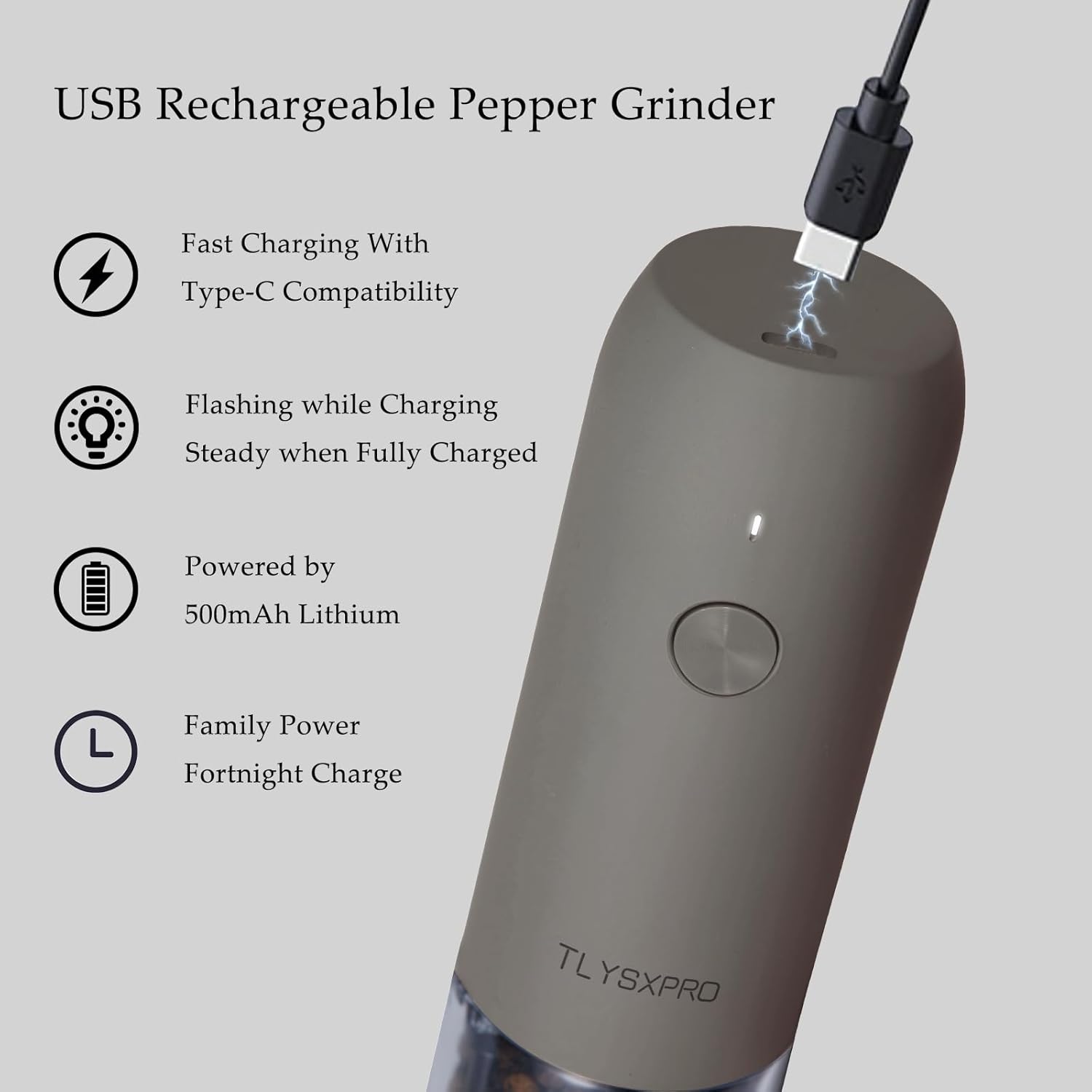 Electric Salt and Pepper Grinder - USB Rechargeable, Automatic Salt and Pepper Shaker, Adjustable Coarseness, Electric Pepper Mill, LED Light, Refillable, Kitchen Gadget (1-Pack, White)