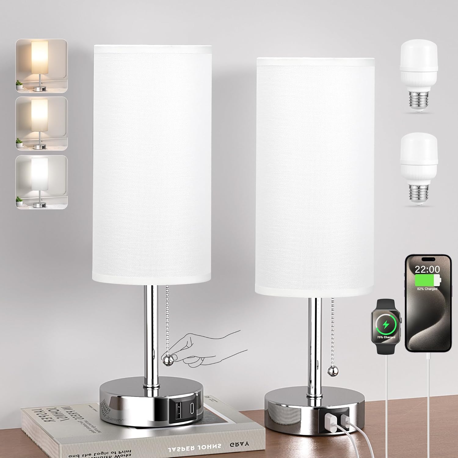 Grey Bedside Lamp for Bedroom Nightstand - Small Table Lamp with USB A + C Charging Port, 3 Color Temperatures Pull Chain Night Stand Light with Bulb, Side Table Desk Reading Lamp for Living Room/Dorm