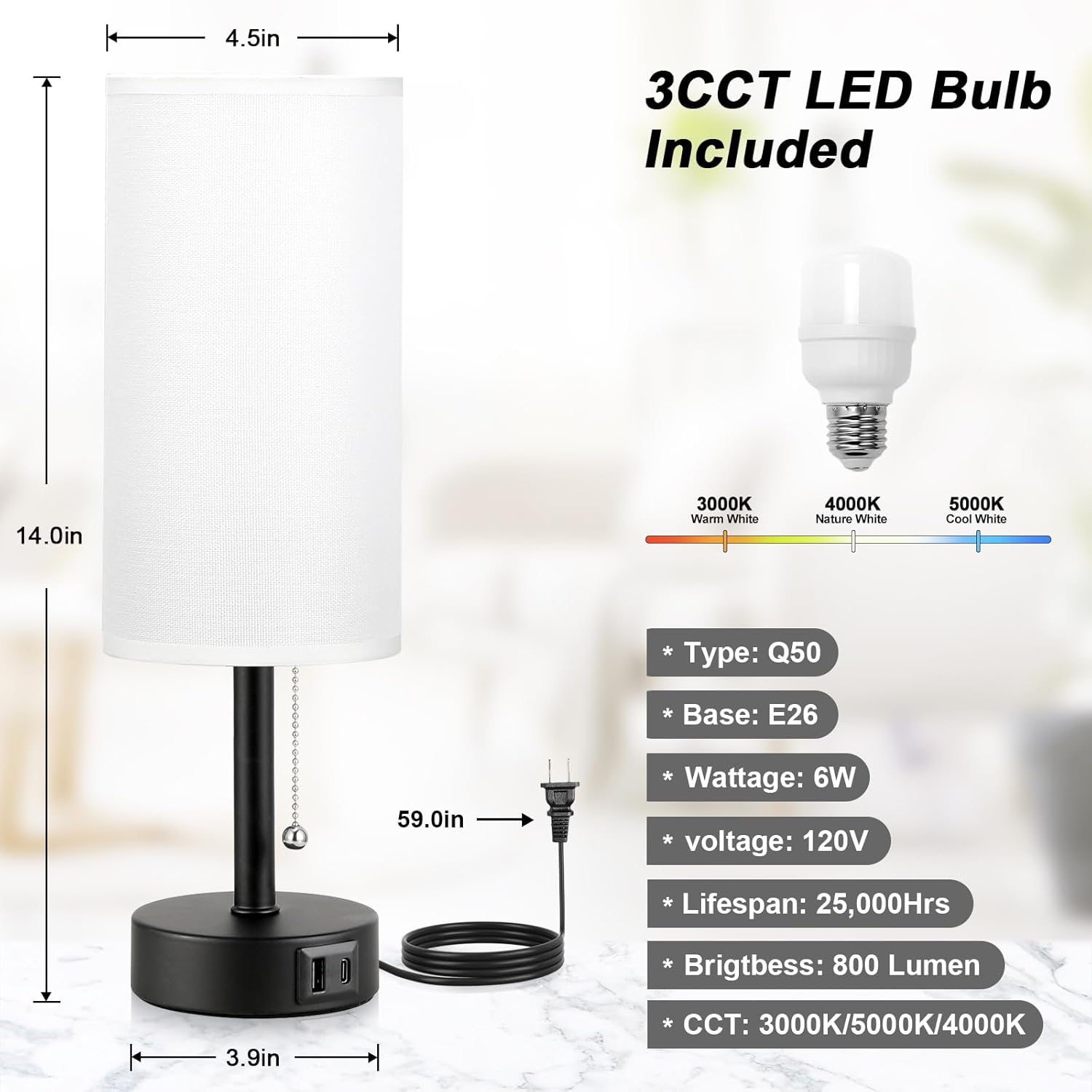 Grey Bedside Lamp for Bedroom Nightstand - Small Table Lamp with USB A + C Charging Port, 3 Color Temperatures Pull Chain Night Stand Light with Bulb, Side Table Desk Reading Lamp for Living Room/Dorm