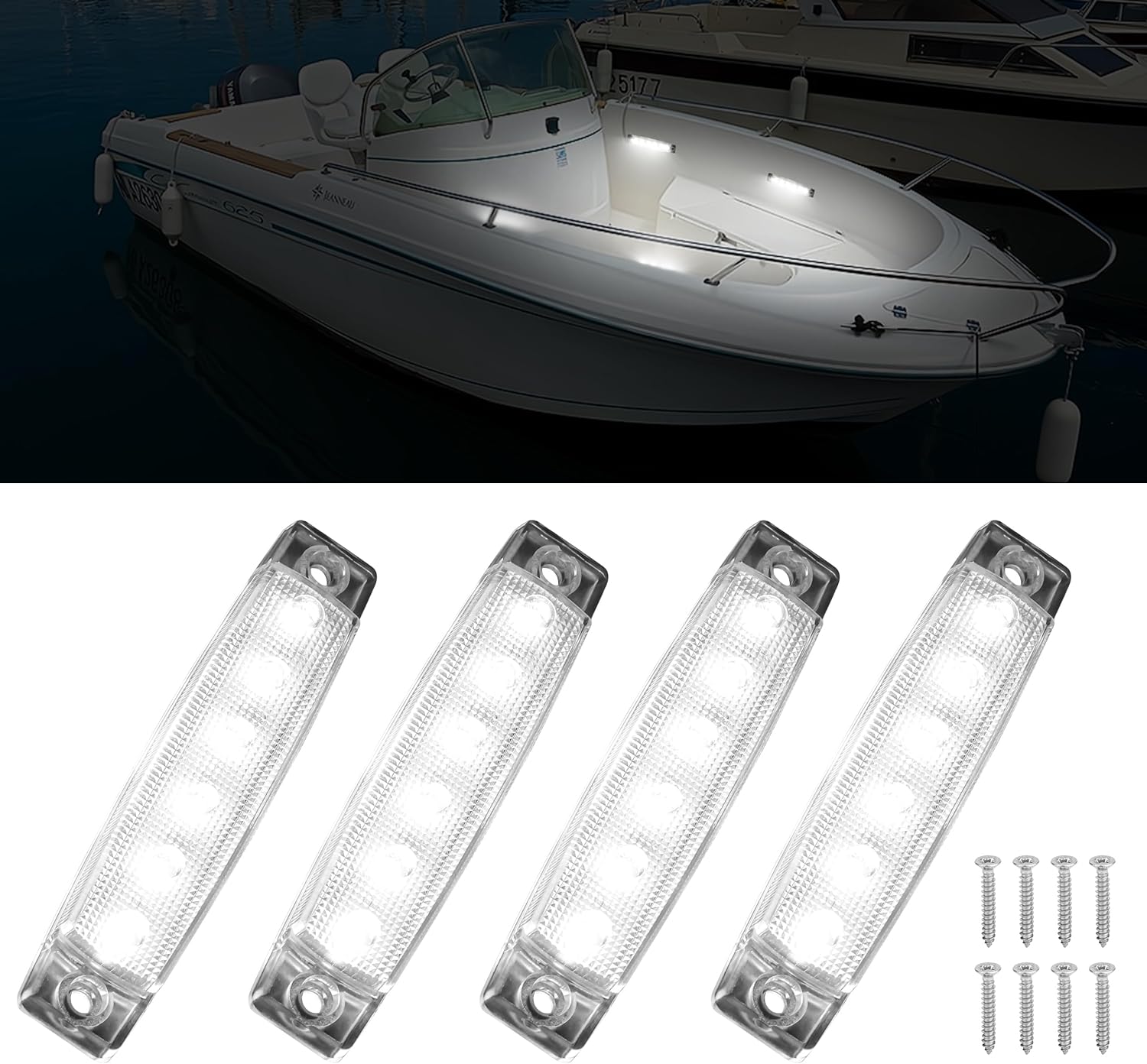 Marine LED Boat Interior and Night Fishing Lights - 12V Waterproof for Pontoon, Yacht, Kayak, Cockpit (4 Pcs White)