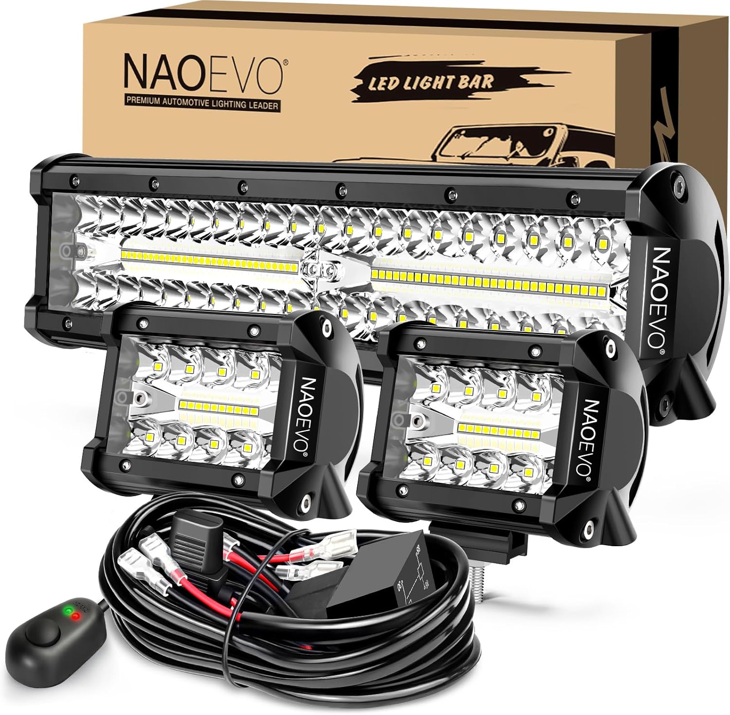 NAOEVO 12Inch LED Light Bar and 2PCS 4Inch LED Pod Lights, 420W 42000LM LED Fog/Driving/Off Road Lights Bar, Spot Flood Combo LED Light Bar with Wiring Harness Kit-3 Lead for Truck ATV Boat
