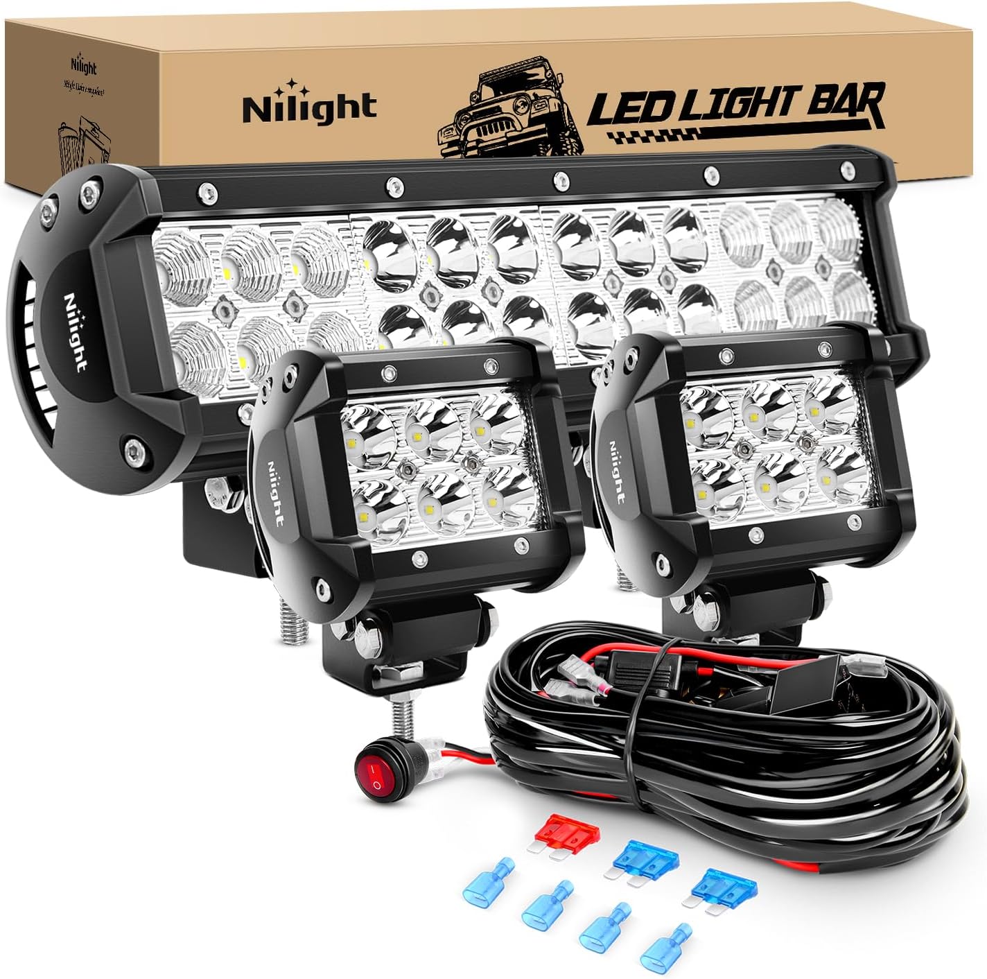 Nilight ZH016 12 Inch 72W Spot Combo Bar 2PCS 4 Inch 18W Flood LED Fog Lights with Off Road Wiring Harness- 2 Leads