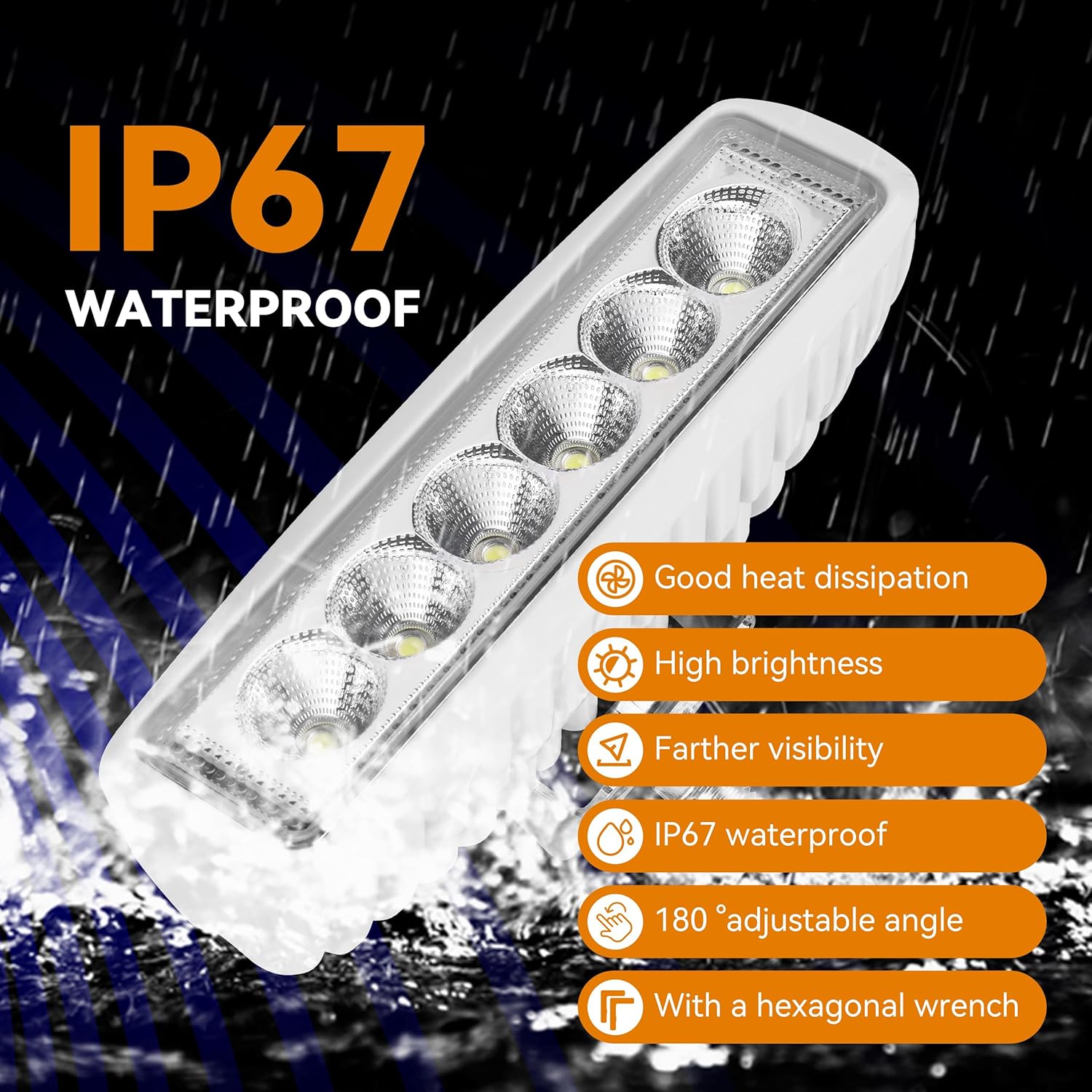 Waterproof Led Boat Lights, 18W LED Spreader Lights 1200LM 120°Flood Light, 6.3in Deck Dock Marine Led Lights Bar, Pack of 2, White Housing (Flood Light/White Housing)