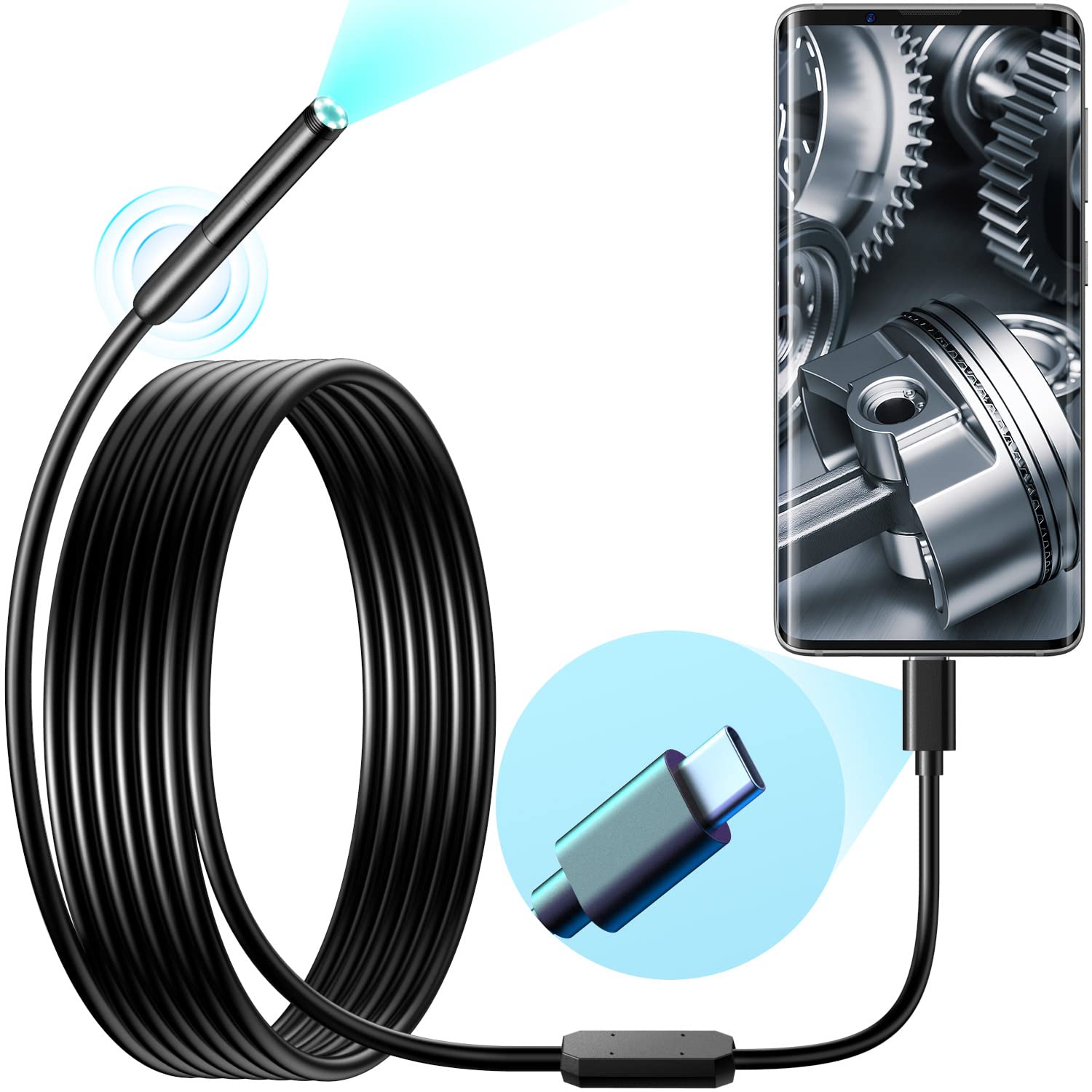 Wireless Endoscope, Wi-Fi Industrial Borescope with 6 LED Lights, 7.9mm Type-C USB Snake Camera, Waterproof IP67 Inspection Camera for OTG Android Phone  Ipad10 (5.5ft, Type-C Powered ONLY)