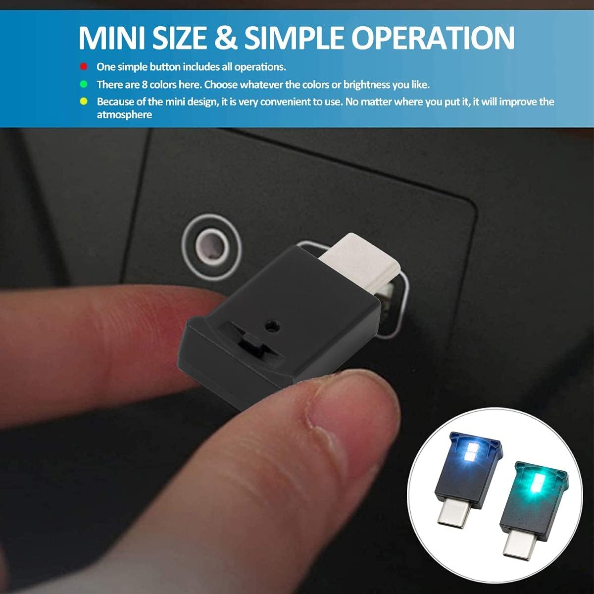 AOZITA Mini USB Type C LED RGB Light Brightness Adjustable 8 Color Changeable for Car, Laptop, Keyboard. Atmosphere Smart Type-C Night Lamp for Home Decoration (Quantity: 2)