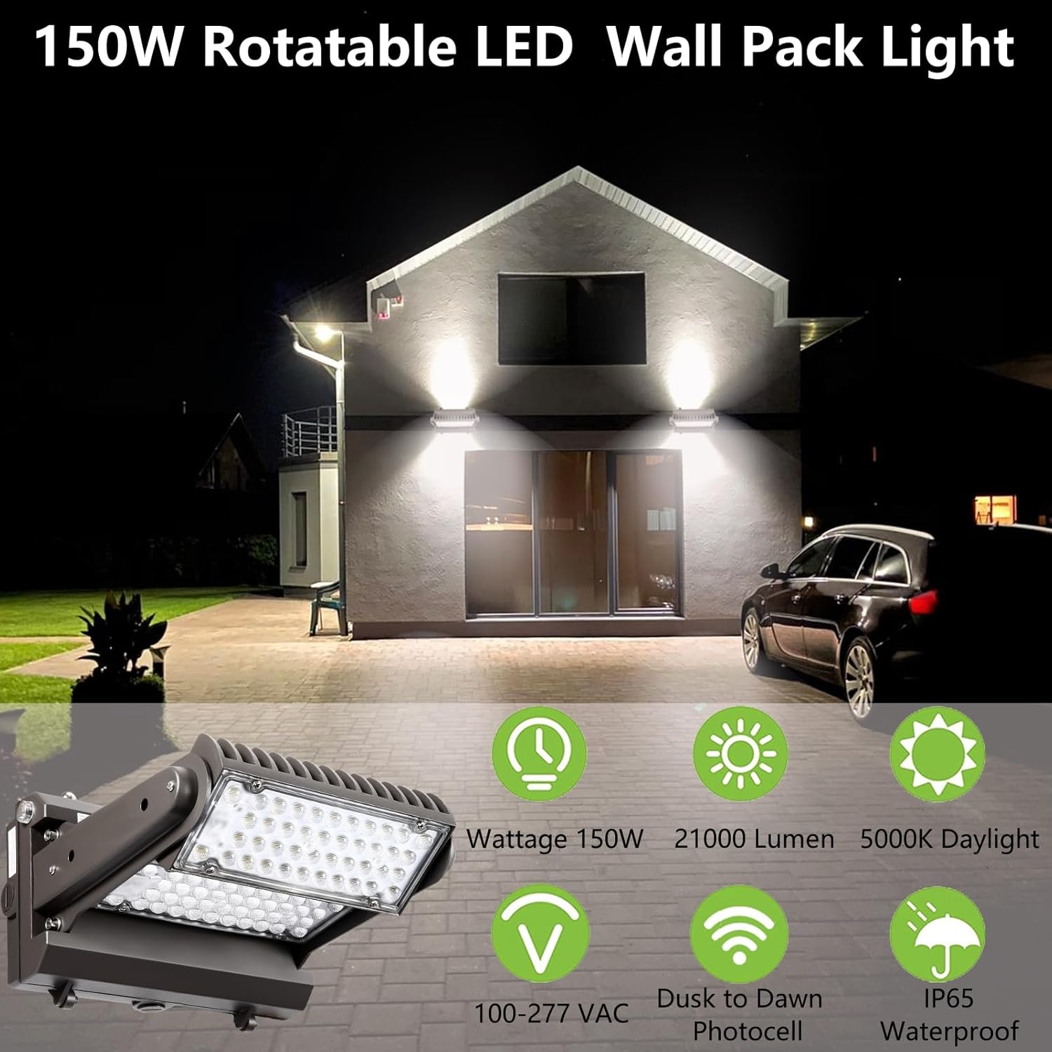 Dusk to Dawn100W Rotatable LED Wall Pack Light, 5000K 14000LM 400-600W HPS/HID Equiv, ETL Adjustable Head Outdoor LED Wallpack Lighting Fixture for Area Light, Parking Garages,Warehouse,Entrance
