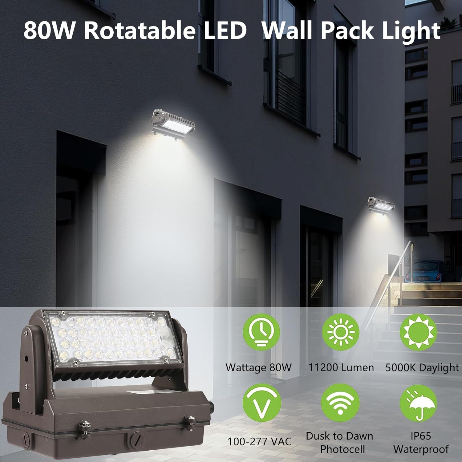 Dusk to Dawn100W Rotatable LED Wall Pack Light, 5000K 14000LM 400-600W HPS/HID Equiv, ETL Adjustable Head Outdoor LED Wallpack Lighting Fixture for Area Light, Parking Garages, Warehouse, Entrance