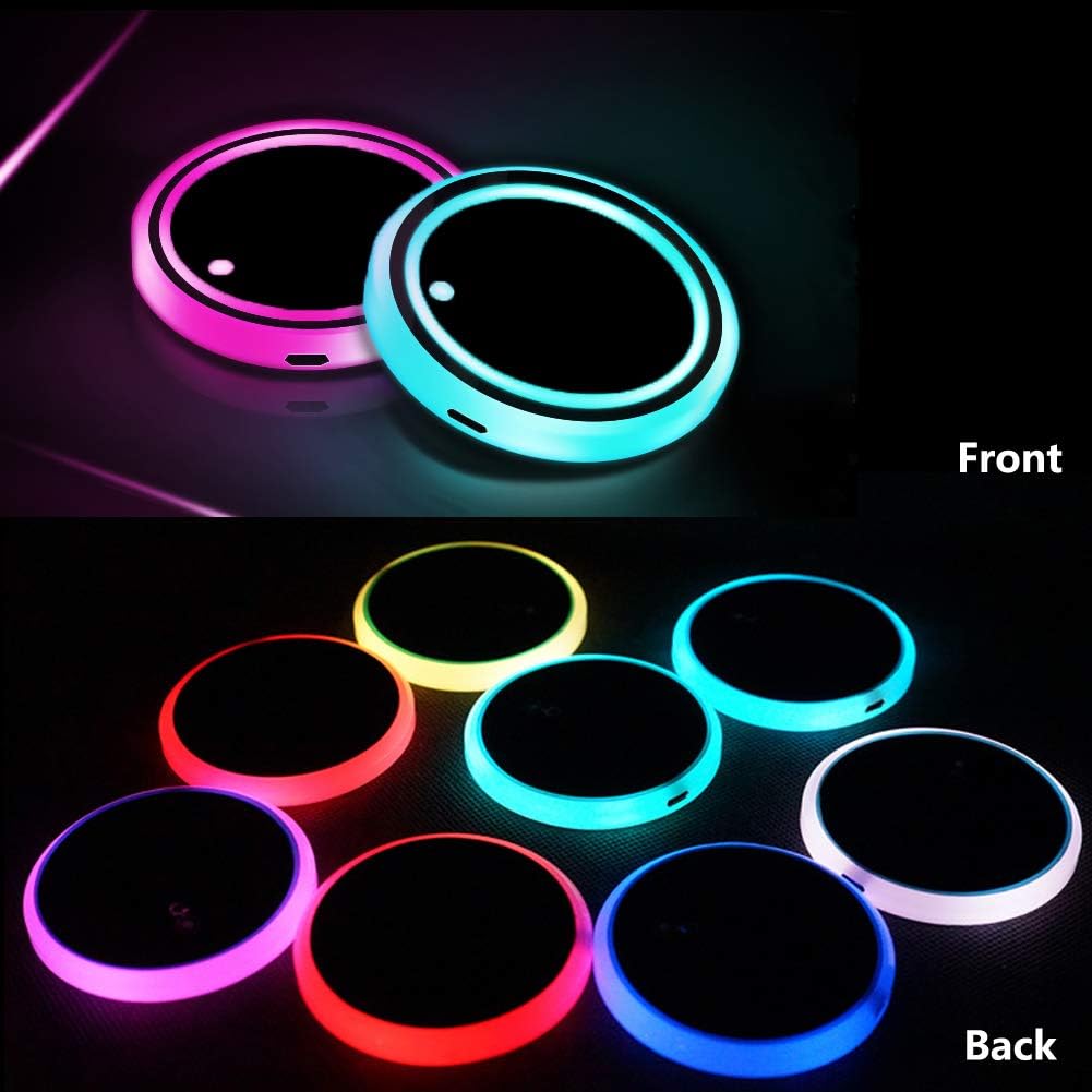 LED Car Cup Holder Lights, 7 Colors Changing USB Charging Mat Waterproof Cup Pad, LED Interior Atmosphere Lamp Decoration Light Inside Car Lighting Accessories (2pcs)