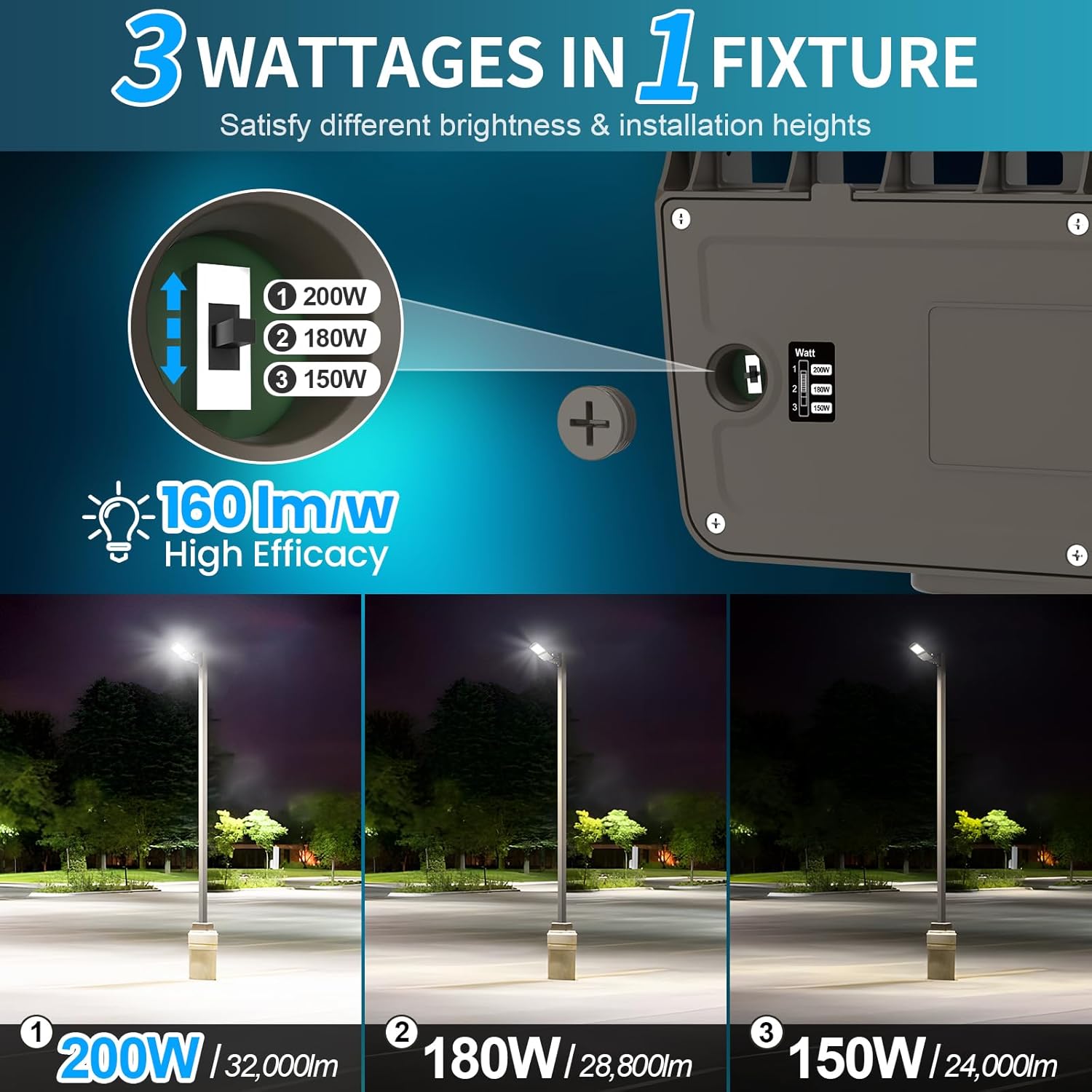 LED Parking Lot light 200W 180W 150W Switchable, 32000LM 160LM/W 5000K LED Street Light, Dusk to Dawn Photocell LED Shoebox Light, Waterproof Commercial Area Lighting, Arm Slip Fitter in 1 Mount