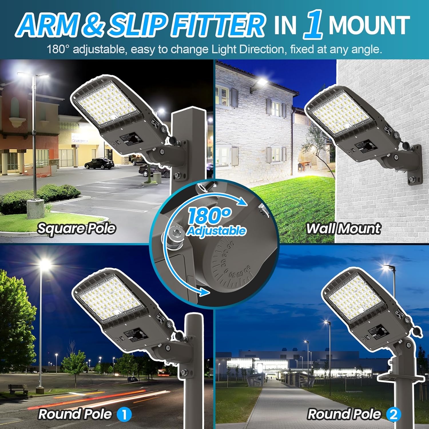 LED Parking Lot light 200W 180W 150W Switchable, 32000LM 160LM/W 5000K LED Street Light, Dusk to Dawn Photocell LED Shoebox Light, Waterproof Commercial Area Lighting, Arm Slip Fitter in 1 Mount