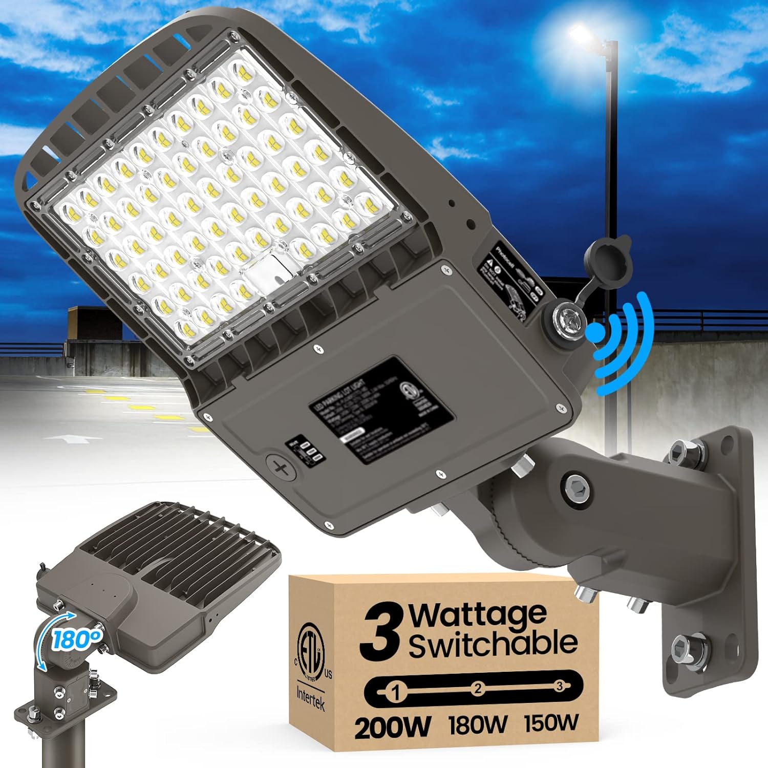 LED Parking Lot light 200W 180W 150W Switchable, 32000LM 160LM/W 5000K LED Street Light, Dusk to Dawn Photocell LED Shoebox Light, Waterproof Commercial Area Lighting, Arm & Slip Fitter in 1 Mount