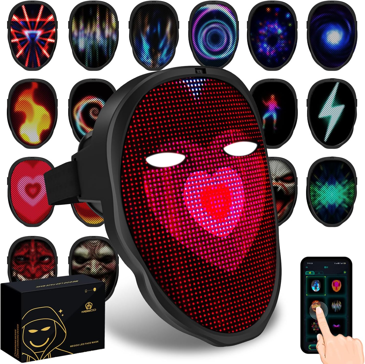 MEGOO Led Mask with Bluetooth Programmable App, Shining Led Light Up Face Mask for adults and kids at Halloween Masquerade Party