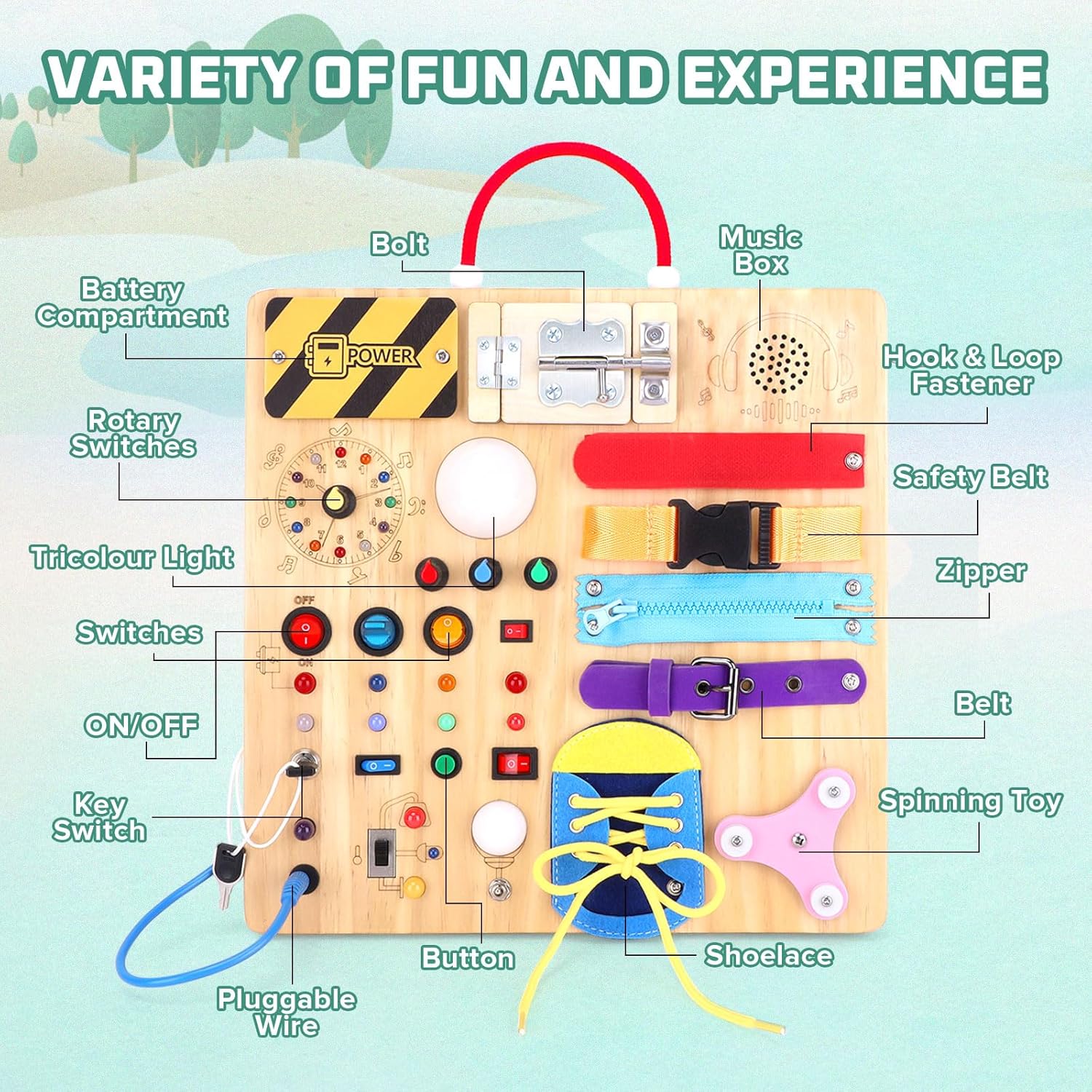 Montessori Wooden Busy Board with 8 LED Light switches, Sensory Toys Light Switch Travel Toys for 1+ Year Old Baby and Toddler