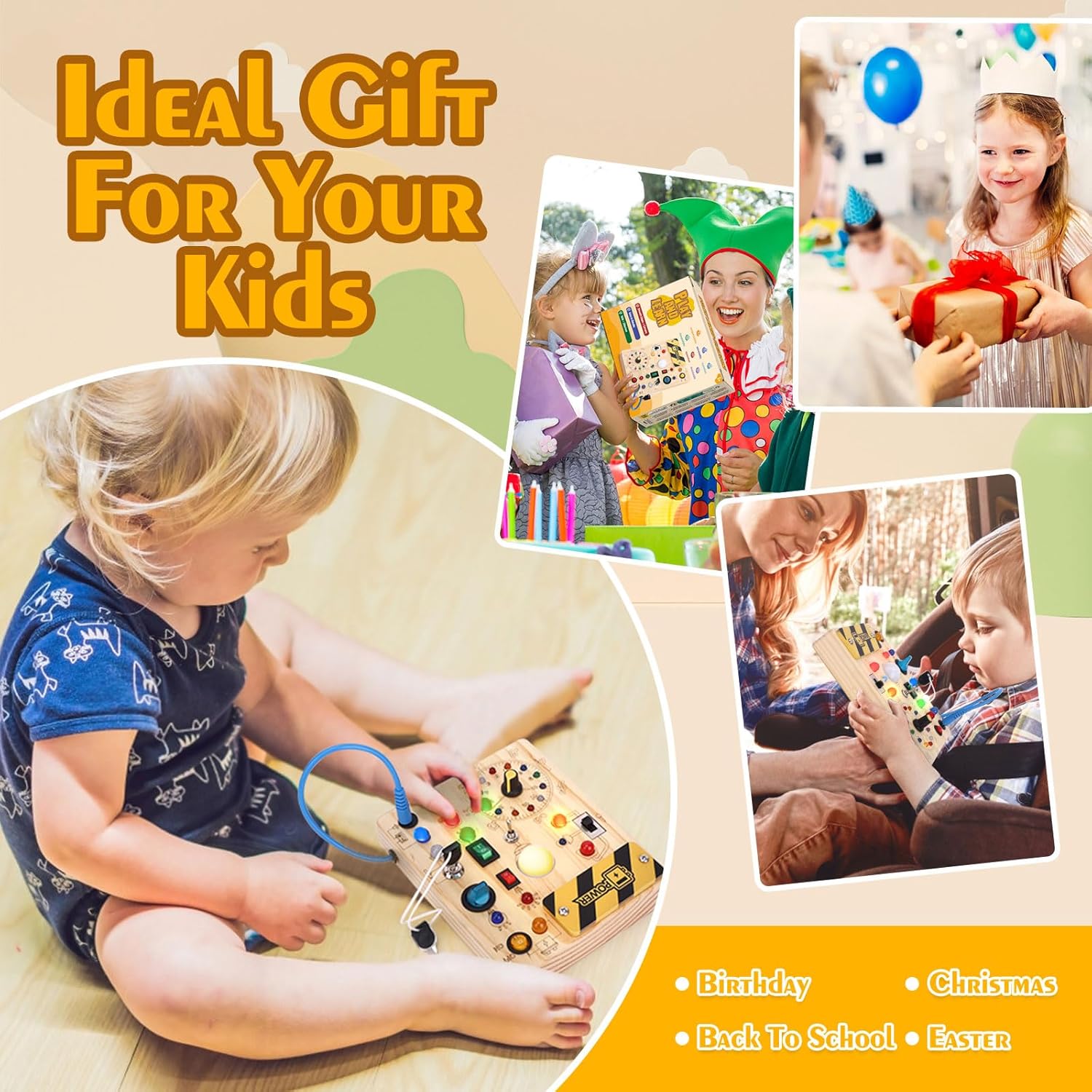 Montessori Wooden Busy Board with 8 LED Light switches, Sensory Toys Light Switch Travel Toys for 1+ Year Old Baby and Toddler