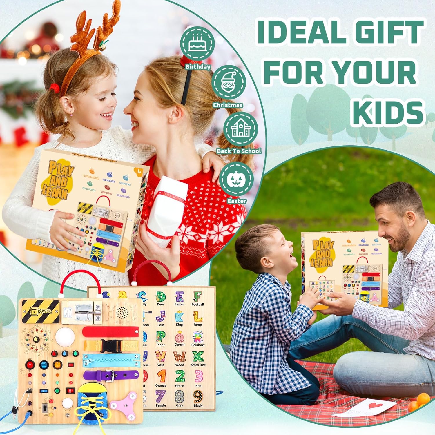 Montessori Wooden Busy Board with 8 LED Light switches, Sensory Toys Light Switch Travel Toys for 1+ Year Old Baby and Toddler