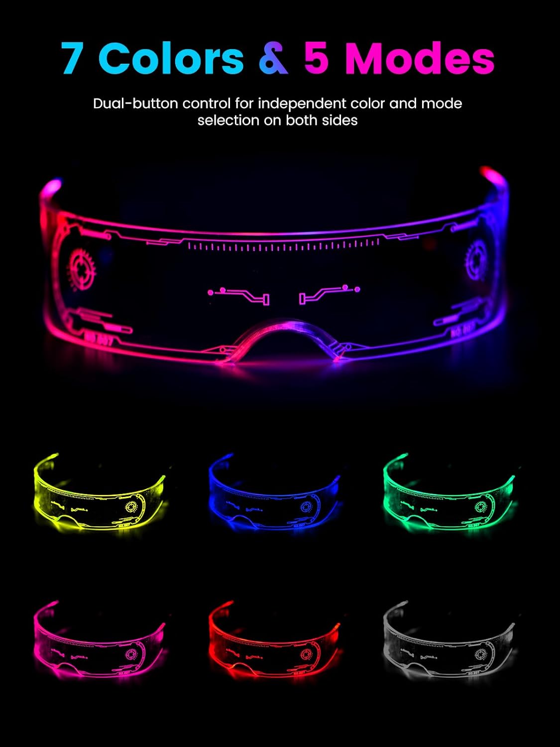 Rave Glasses Attire for Women and Men LED Illuminated Glasses Stylish Gadgets 5Model 7Color, Halloween Cosplay Party Bar