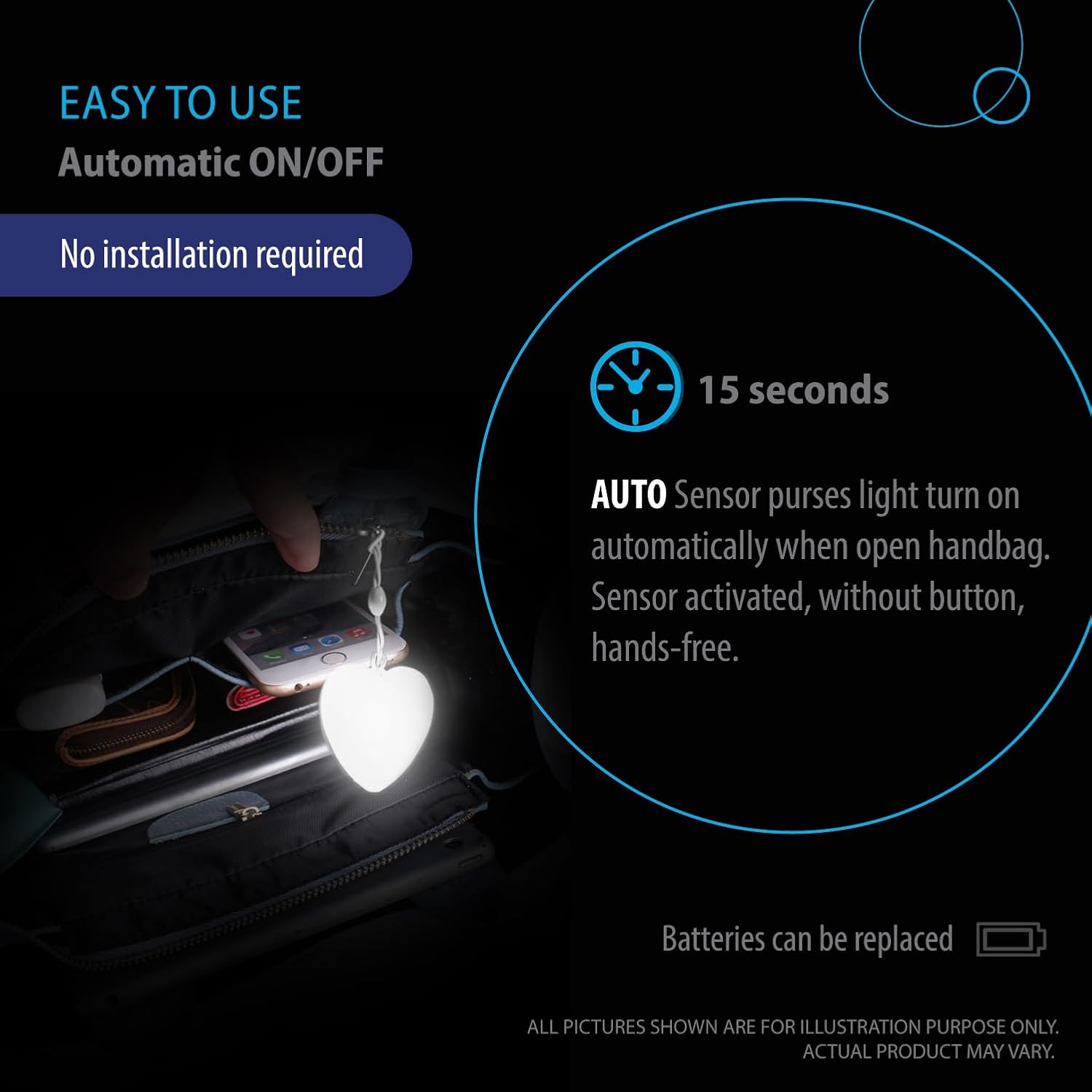 Deke Home - Heart Shaped Purse Light, Motion Sensor LED Handbag Lamp, Automatic On Off Mini Travel Accessory for Backpack, Shoulder Bag, Crossbody, Tote, Night Use, Ideal for Concerts & Events