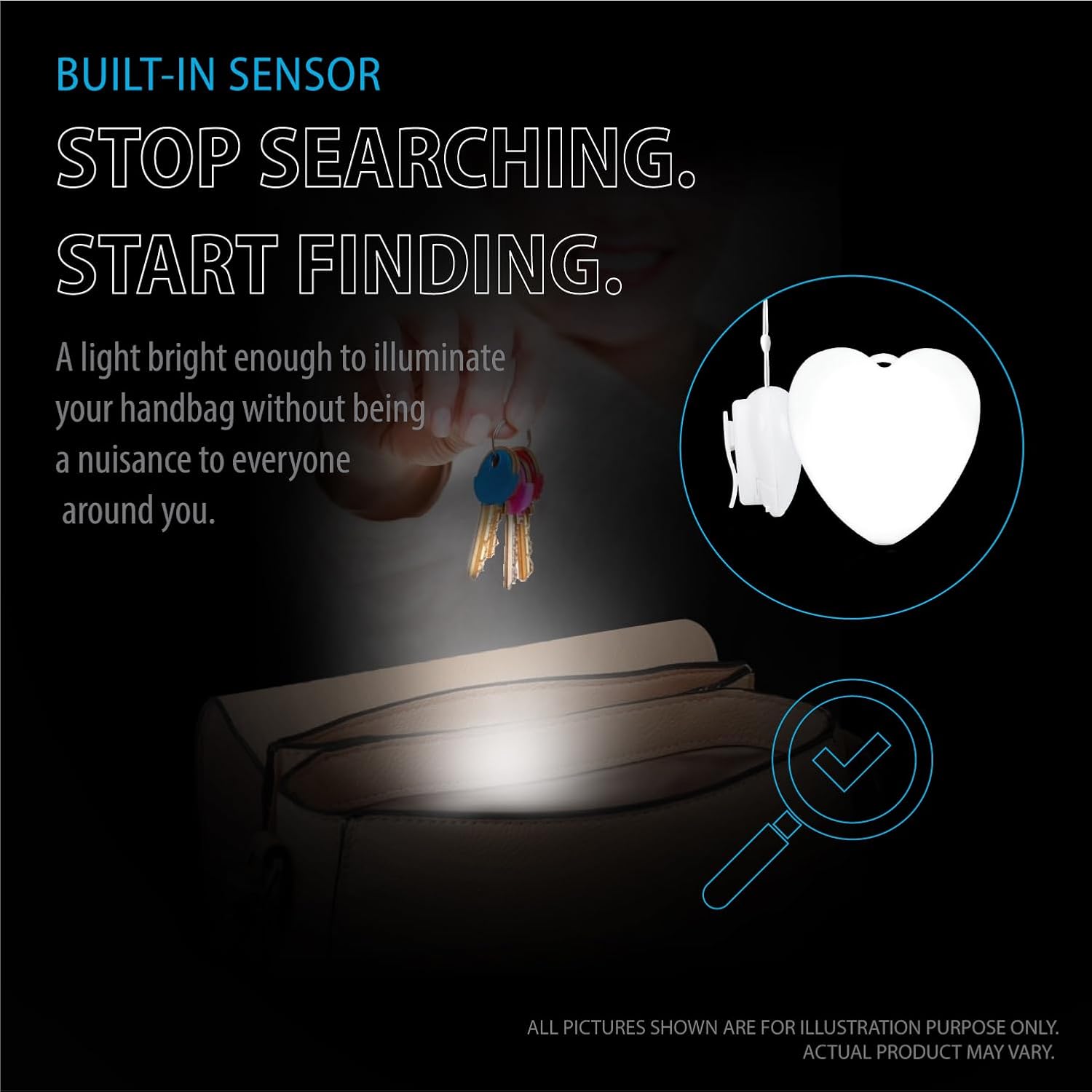 Deke Home - Heart Shaped Purse Light, Motion Sensor LED Handbag Lamp, Automatic On Off Mini Travel Accessory for Backpack, Shoulder Bag, Crossbody, Tote, Night Use, Ideal for Concerts & Events