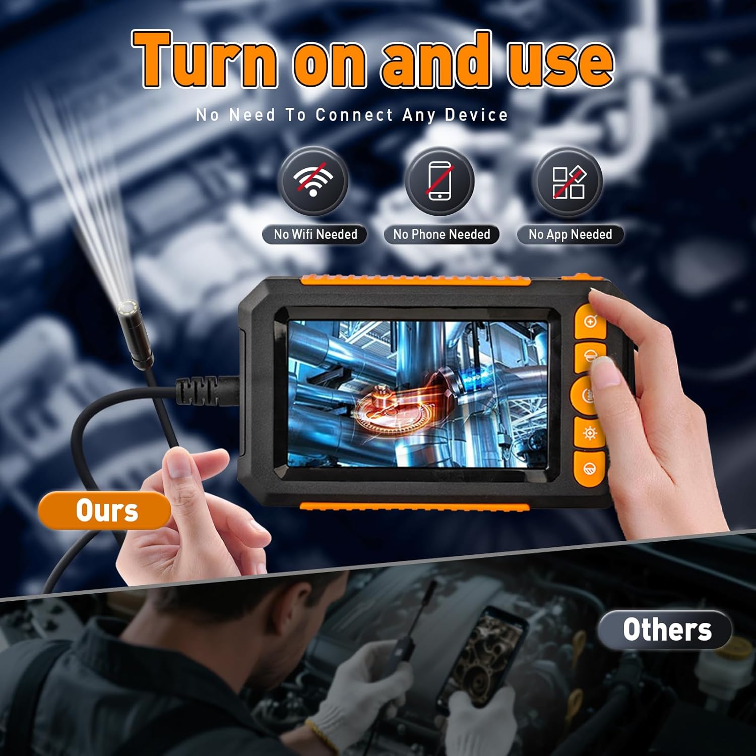 Endoscope Camera with Light, 4.3 IPS Screen Industrial Borescope, 1080P HD Inspection Camera with 8 LED Lights, 2000mAh Rechargeable IP67 Waterproof Endoscope, 16.4FT Semi-Rigid Gadgets for Men