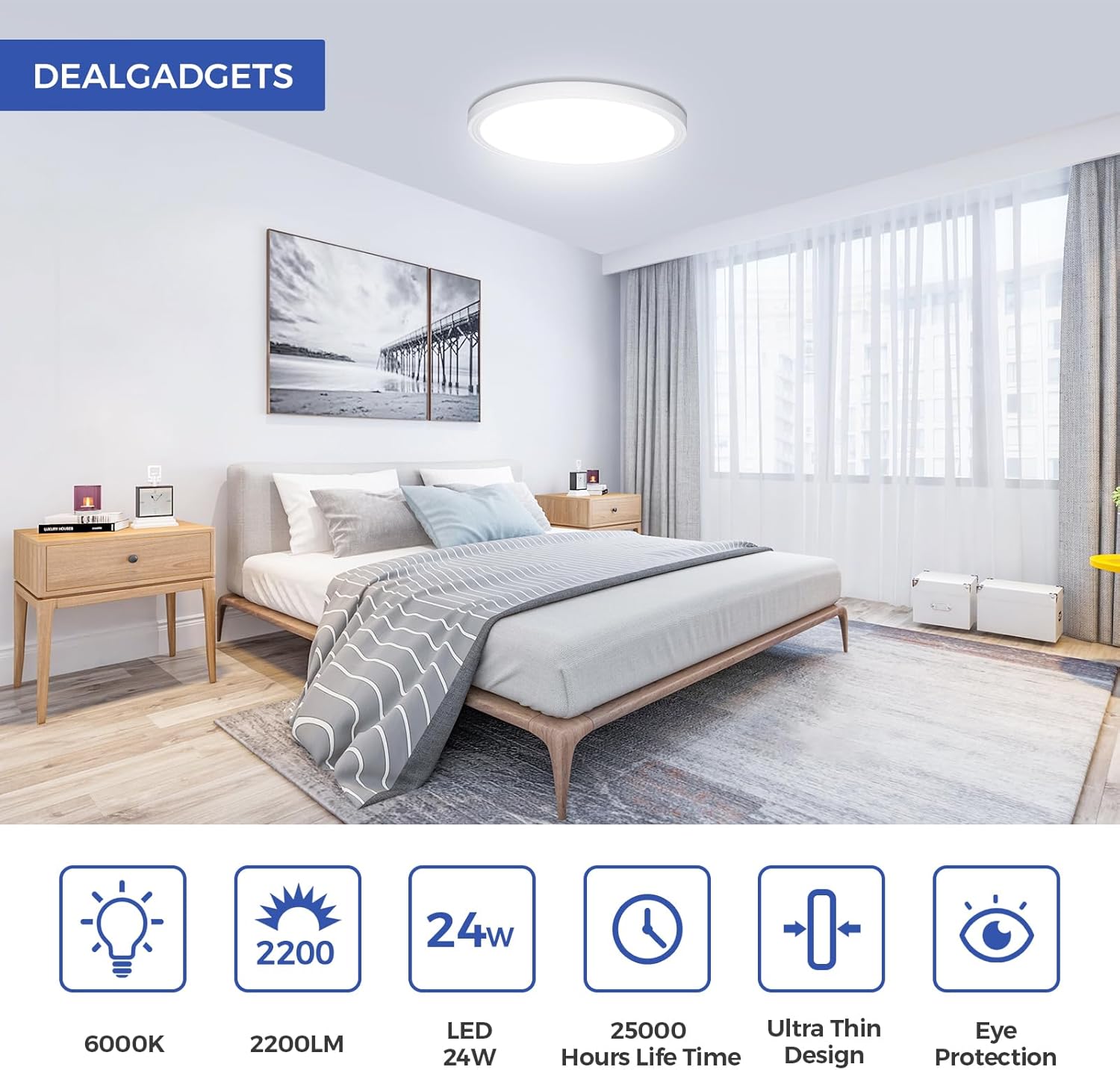 Flush Mount Ceiling Light Fixtures,24W Flat led Light for Ceiling,6000K 2200LM Ultra Thin Round White Lamp for Bedroom Kitchen,Bathroom,Garage,Living Room, Dining Room -2PCS